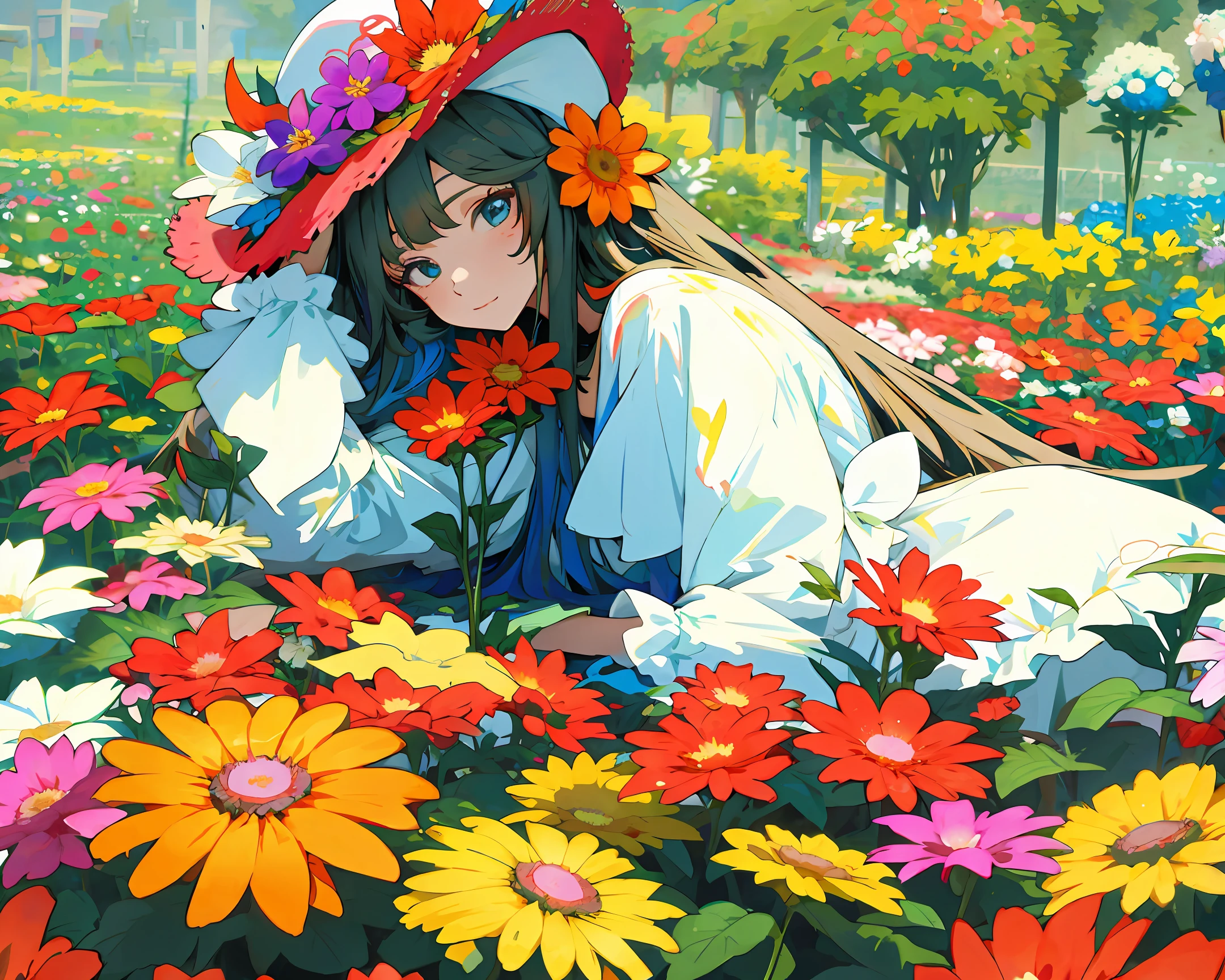 flower garden, woman, cute, colorful, flower, long hair, hat