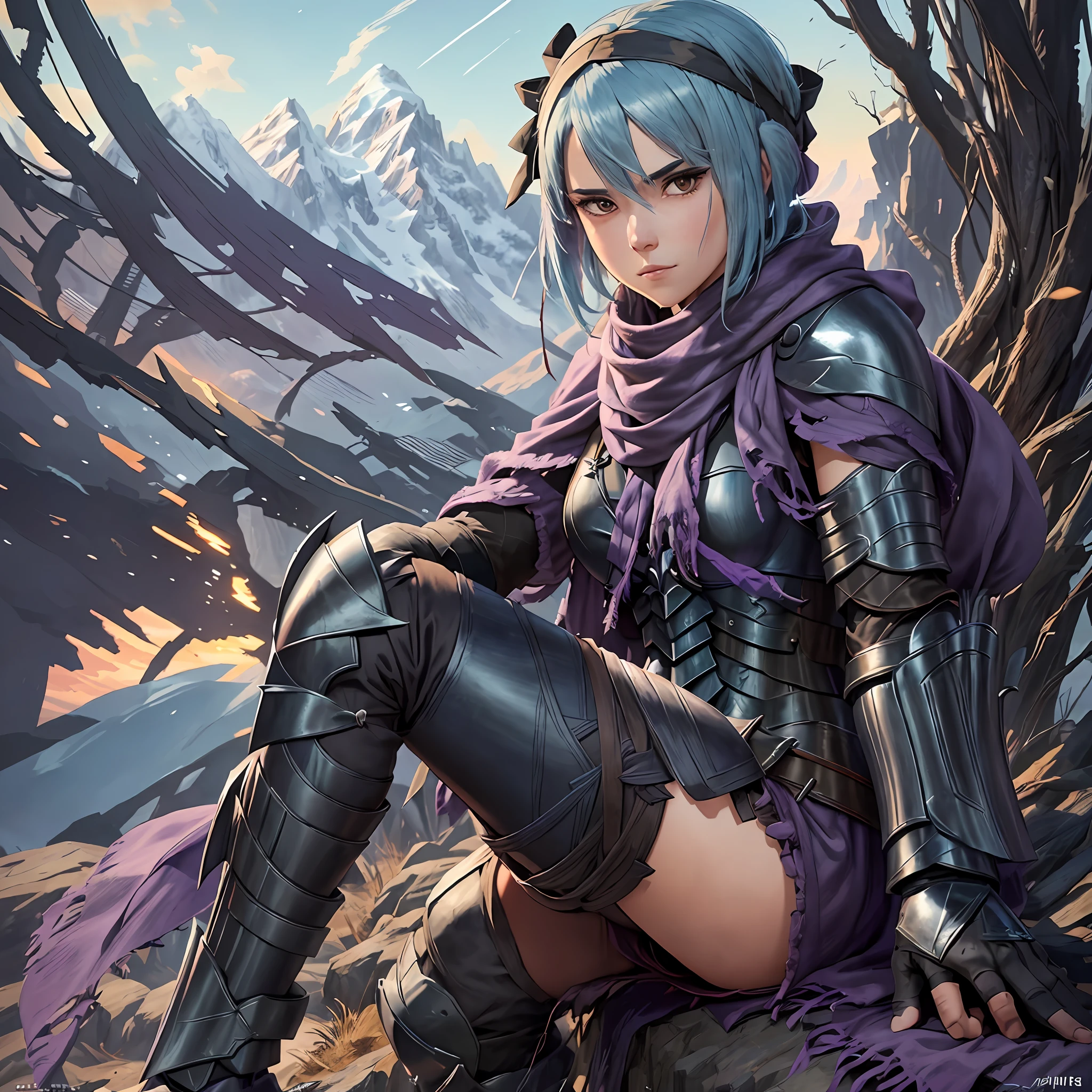 Masterpiece with best quality, ultra detailed portrayal of a Beruka wearing a bandana on her head and a purple scarf, wearing full armor and with her impeccably designed black gauntlets and gloves, wearing pants and boots that enhance her natural beauty. She is sitting in front of a beautiful landscape of mountains and trees on the sunny morning, which creates a warm and inviting atmosphere.