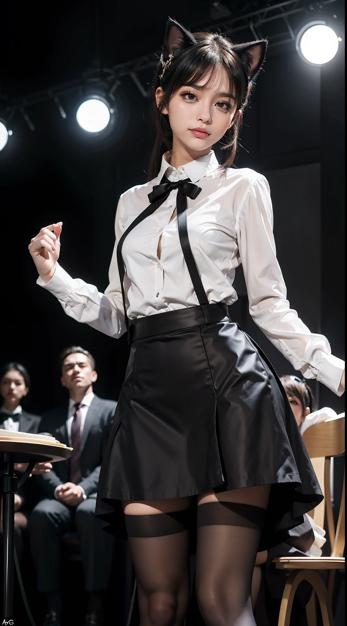 (Masterpiece, Best Quality: 1.2), Solo, 1 Girl, Black Belladonna, Slight Smile, Shut Up, Look at the Audience, Cat Ears, Hip Wrapped Skirt, White Shirt, Pantyhose