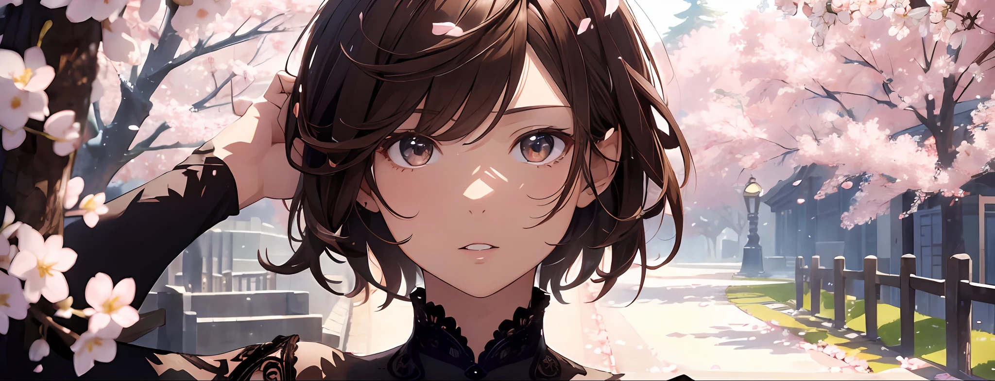 ((masterpiece)), ((ultra-detailed)), pixiv, best shadows, best lighting, best quality, absurdres, highres, cinematic shot, rim lightning, solo, short hair, brown hair, 1girl, petals, looking at viewer, parted lips, flower, brown eyes, sideways, cherry blossoms, bangs, black background, hand up, portrait
