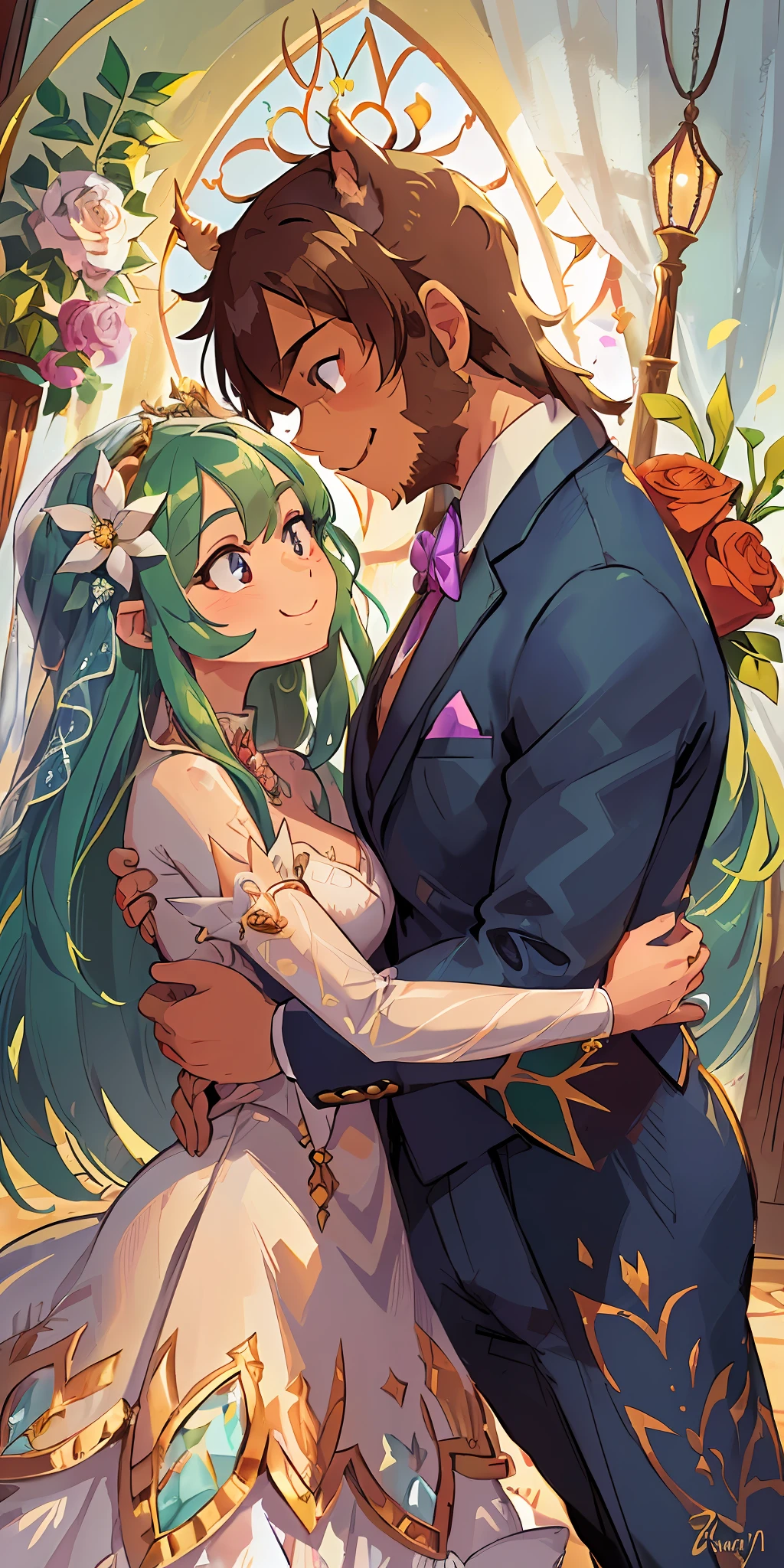 Top quality, ultra-fine illustrations (associations, colorful stained glass with shimmering light, wedding aisles lined with jewel-like lamps) (very detailed and beautiful faces, very detailed and beautiful eyes, eyes with lively brilliance) Absurd perfect anatomy ((((beastman)))) (happy wedding, beastman husband in tuxedo, beastman wife in wedding dress, husband hugging wife's shoulders, Two people staring at each other and smiling, wedding photo, bouquet of beautiful flowers, shining wedding ring on ring finger) (furry antro: 1.7) (((furry body, animal face features, animal body features))) (((animal muzzle, very detailed fur)))) full body, smile (dynamic pose),