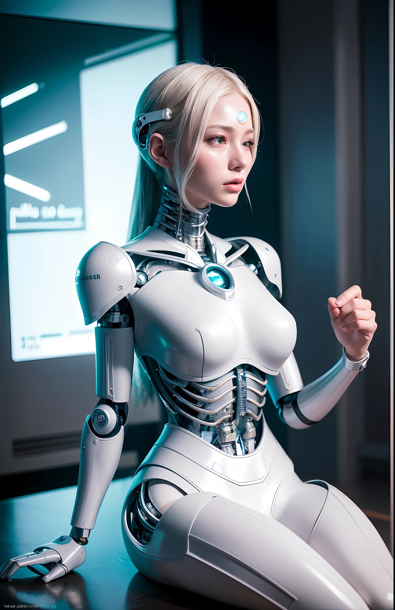 complex 3d render ultra detailed of a beautiful porcelain profile woman android face, cyborg, robotic parts, 150 mm, beautiful studio soft light, rim light, vibrant details, luxurious cyberpunk, lace, hyperrealistic, anatomical, facial muscles, cable electric wires, microchip, elegant, beautiful background, octane render, H. R. Giger style, 8k, best quality, masterpiece, illustration, an extremely delicate and beautiful, extremely detailed ,CG ,unity ,wallpaper, (realistic, photo-realistic:1.37),Amazing, finely detail, masterpiece,best quality,official art, extremely detailed CG unity 8k wallpaper, absurdres, incredibly absurdres, , robot, silver halmet, full body, sitting