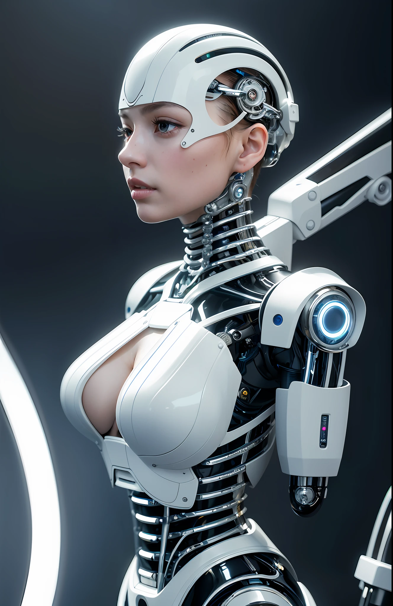 complex 3d render ultra detailed of a beautiful porcelain profile woman android face, cyborg, robotic parts, 150 mm, beautiful studio soft light, rim light, vibrant details, luxurious cyberpunk, lace, hyperrealistic, anatomical, facial muscles, cable electric wires, microchip, elegant, beautiful background, octane render, H. R. Giger style, 8k, best quality, masterpiece, illustration, an extremely delicate and beautiful, extremely detailed ,CG ,unity ,wallpaper, (realistic, photo-realistic:1.37),Amazing, finely detail, masterpiece,best quality,official art, extremely detailed CG unity 8k wallpaper, absurdres, incredibly absurdres, , robot, silver halmet, full body, sitting