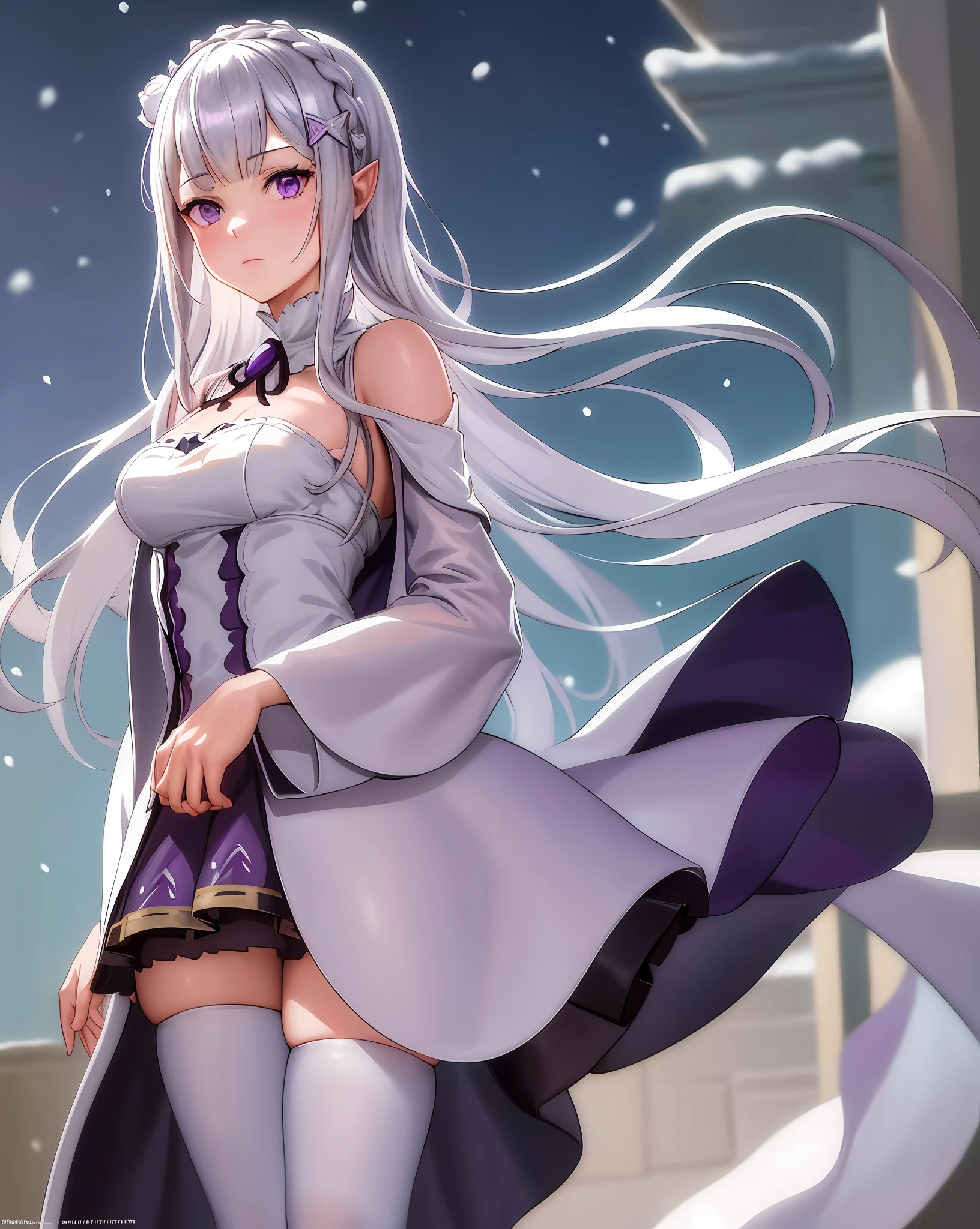 masterpiece, best quality, ultra-detailed, cinematic composition, anime, 2d, tarot, masterpiece*portrait, (finely detailed beautiful eyes: 1.2), 1girl, cute, nose, lips, emilia_\(re:zero\), medium breasts, (silver hair:1.2), (purple eyes:1.2), hair_ornament, pointy_ears, white dress,white thighhighs, light blush, expressionless, closed mouth, standing, arms at sides, cowboy shot, winter, snowing, village, (8k:1.1)