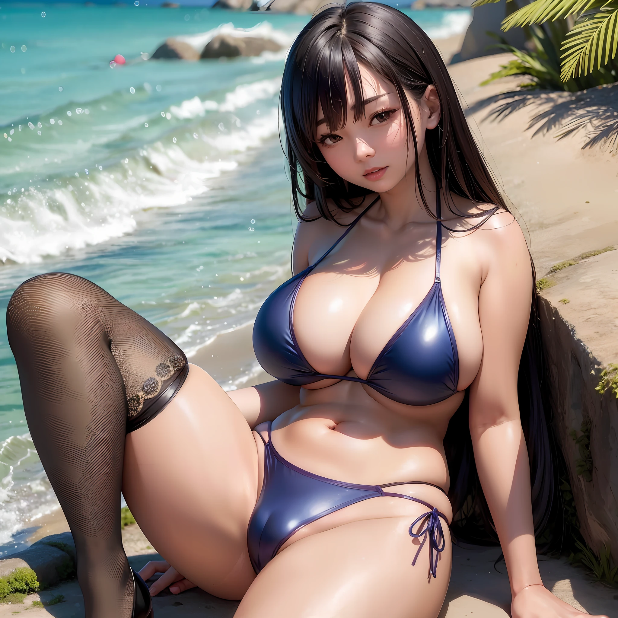 Realistic animated cute asian girl with huge breasts wearing a bikini sitting at the beach with legs spread apart. --auto --s2