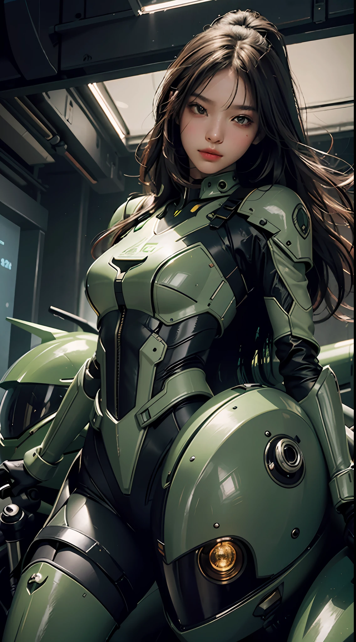 Highest image quality, outstanding details, ultra-high resolution, (realism: 1.4), the best illustration, favor details, highly condensed 1girl, with a delicate and beautiful face, dressed in a black and green mecha, wearing a mecha helmet, holding a directional controller, riding on a motorcycle, the background is a high-tech lighting scene of the future city.