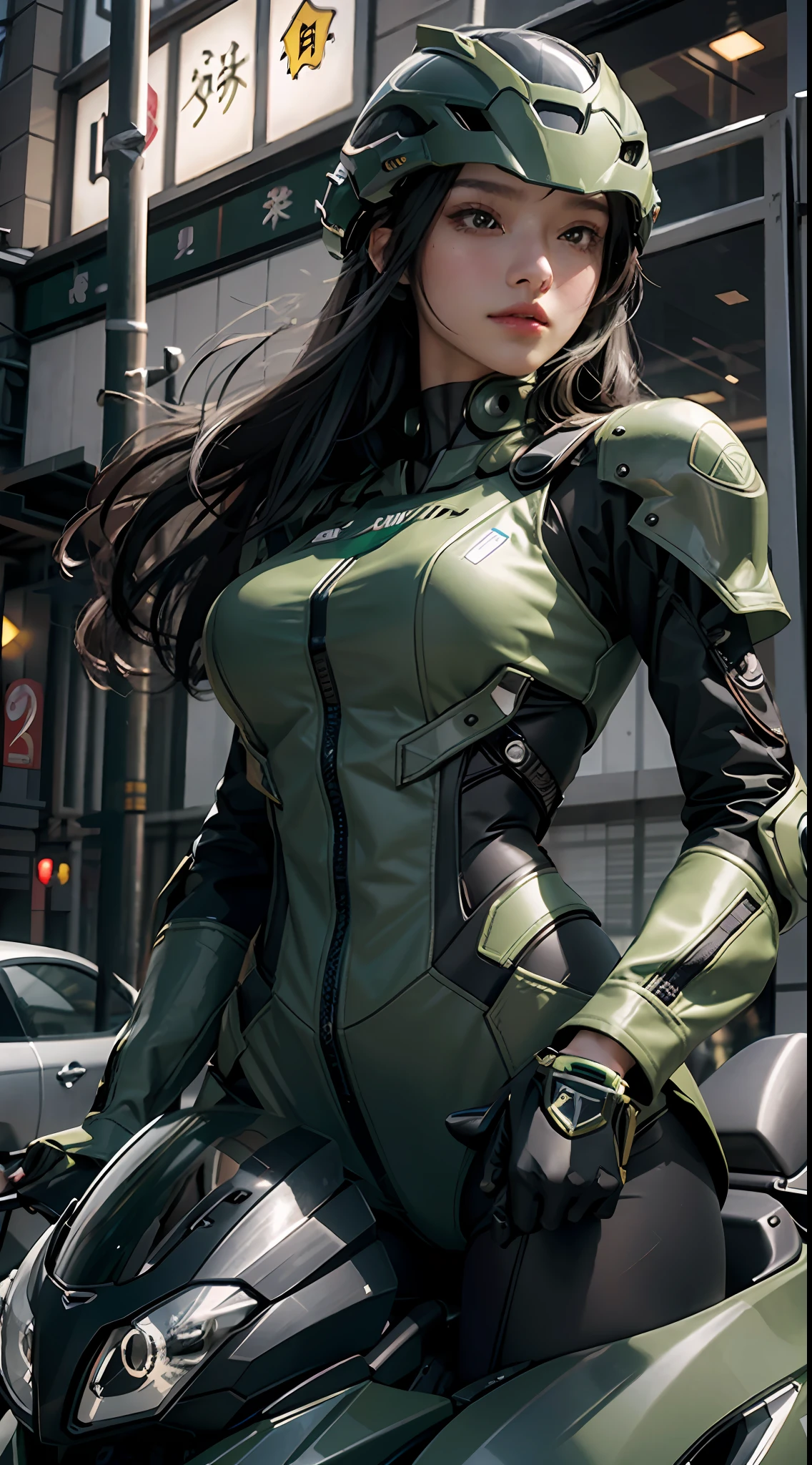 Highest image quality, outstanding details, ultra-high resolution, (realism: 1.4), the best illustration, favor details, highly condensed 1girl, with a delicate and beautiful face, dressed in a black and green mecha, wearing a mecha helmet, holding a directional controller, riding on a motorcycle, the background is a high-tech lighting scene of the future city.