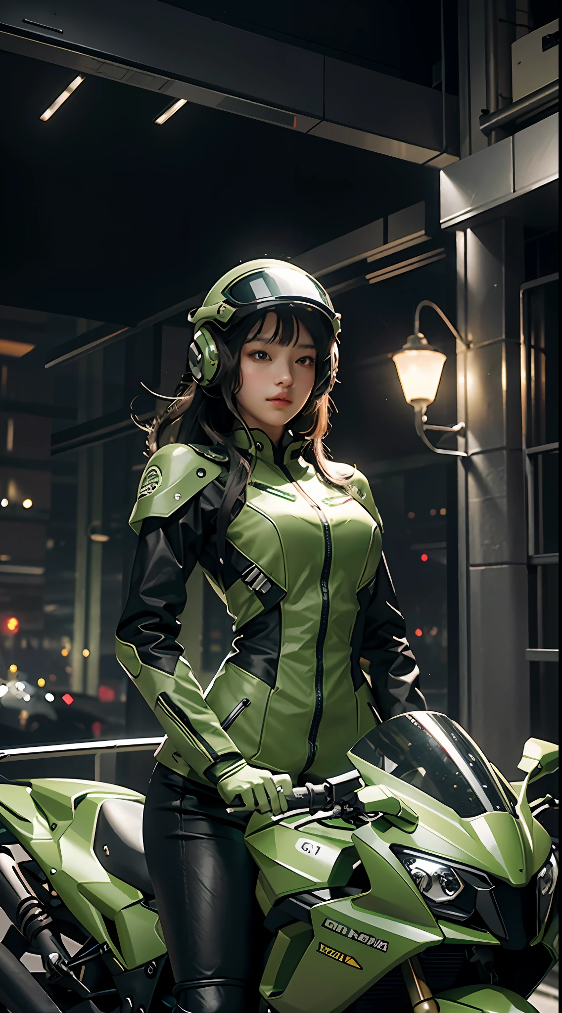 Highest image quality, outstanding details, ultra-high resolution, (realism: 1.4), the best illustration, favor details, highly condensed 1girl, with a delicate and beautiful face, dressed in a black and green mecha, wearing a mecha helmet, holding a directional controller, riding on a motorcycle, the background is a high-tech lighting scene of the future city.