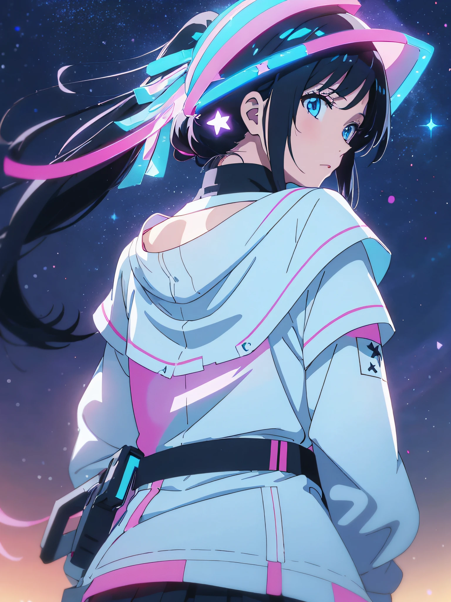 2D anime girl in white high school clothes, with black hair and glowing neon blue eyes, with her back to the cyan sky with stars in the sky --auto --s2