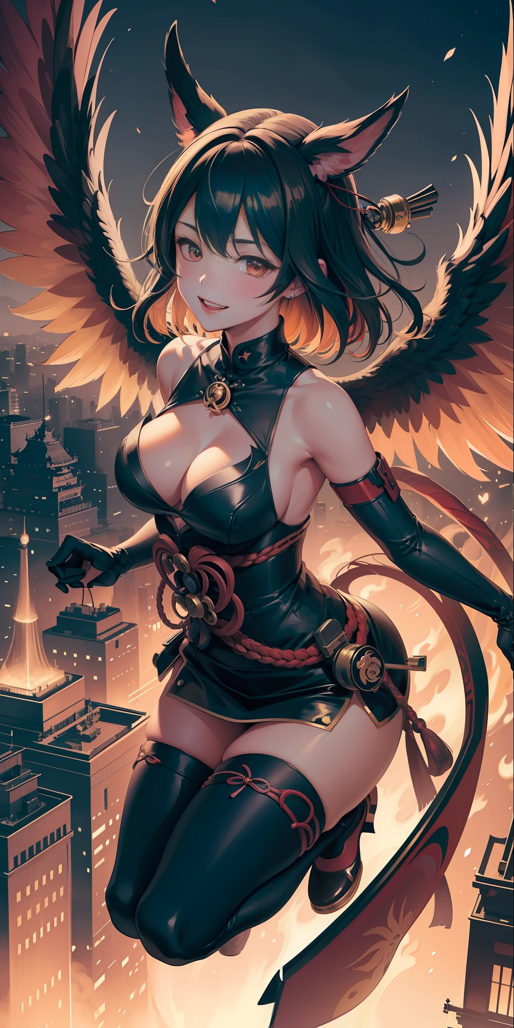 (Ultra detailed cityscape of Kyoto:1.2), Tengu wings, flying in the sky, Kemono ears, Middle chest, smile, Blushing,(Perfect body:1.1)、(Short wavy hair:1.2)Full body shot,(Very elaborate CG 8K wallpaper)(Very elaborate CG 8K wallpaper),(Very delicate and beautiful)(Masterpiece)(Best quality):1.0),(Ultra High Definition:1.0),[High Definition], Detailed skin, Ultra detailed ((Colorful) ),