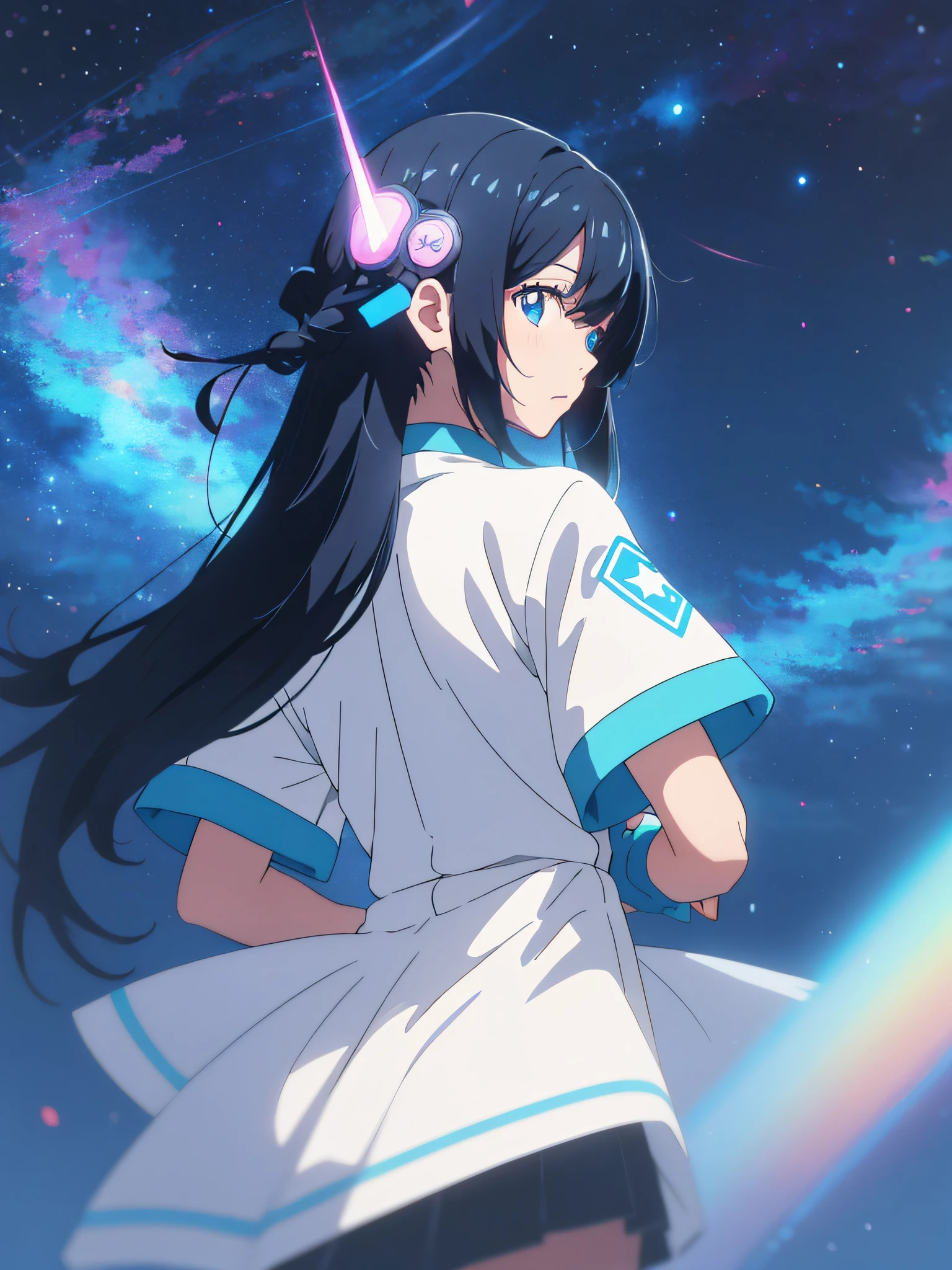 2D anime girl in white high school clothes, with black hair and glowing neon blue eyes, with her back to the cyan sky with stars in the sky --auto --s2