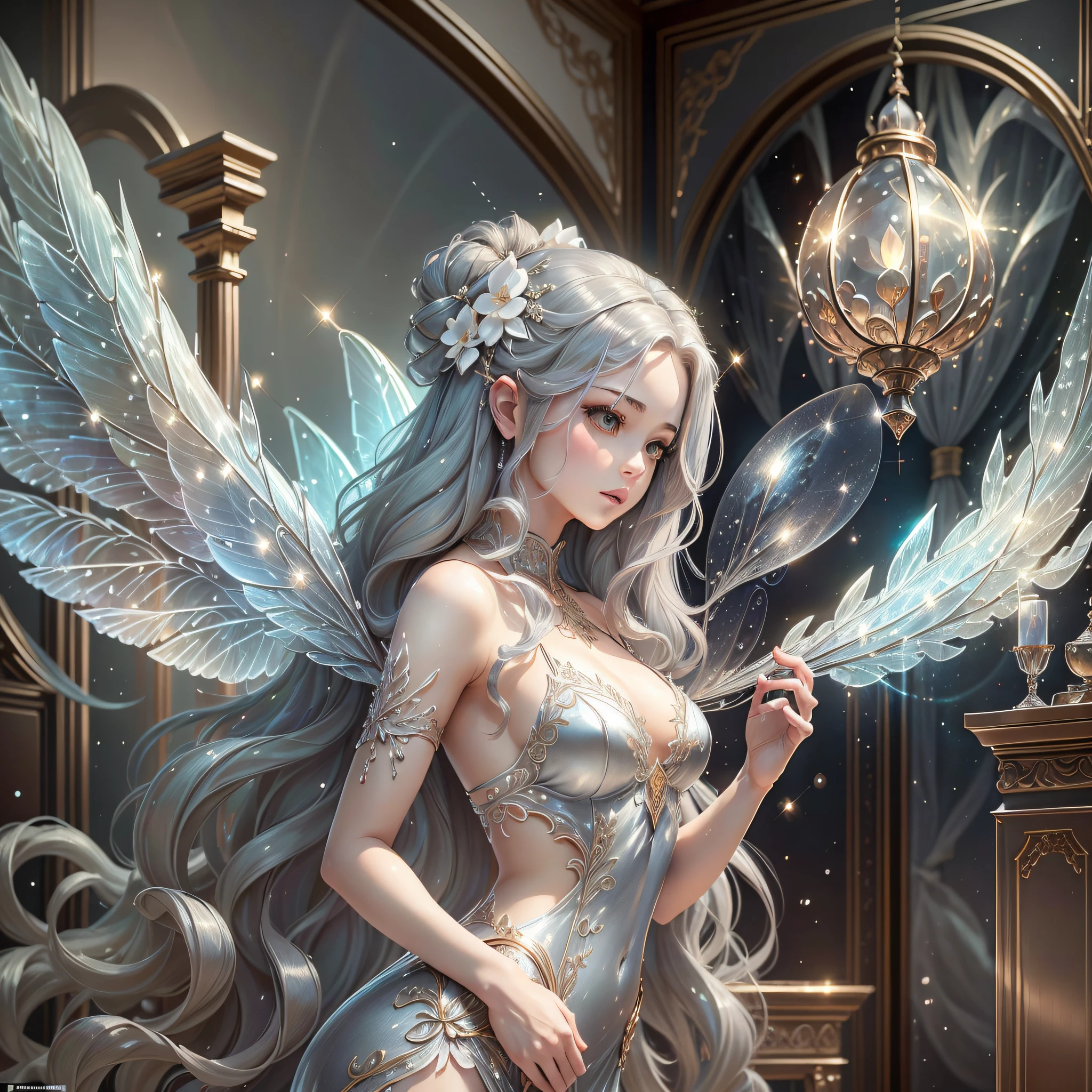 masterpiece, best quality, a jasmine fairy, extremely gorgeous and delicate, long wavy grey hair, extremely defined on body, has wings, sparkling, detailed on face and dress, designing and inspire with jasmine