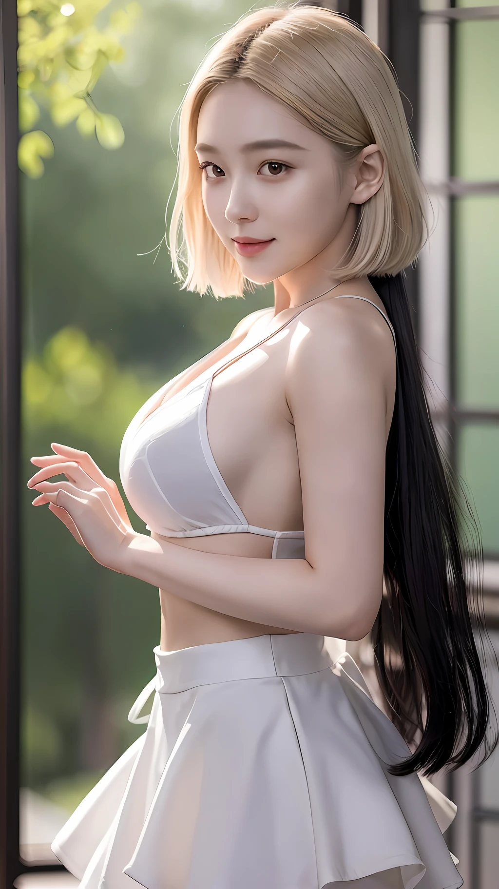 Masterpiece, Superb Artwork, Official Art, Extremely Fine CG Unity 8k Wallpaper, 1 Beautiful High School Girl with Beauty Highly Condensed, Beautiful, Extremely Delicate, Ultra High Resolution, (Realisticity: 1.4), , Primetime Lighting, (Upper Body), (Short Platinum Hair: 0.8), ((Puffy Eyes)), Looking at the Audience, Facing Forward, Smile, Laugh, Low Cut Deep V Open Waist JK Skirt, Bare Back White Dress, Shirtlift, Long Black Hair
