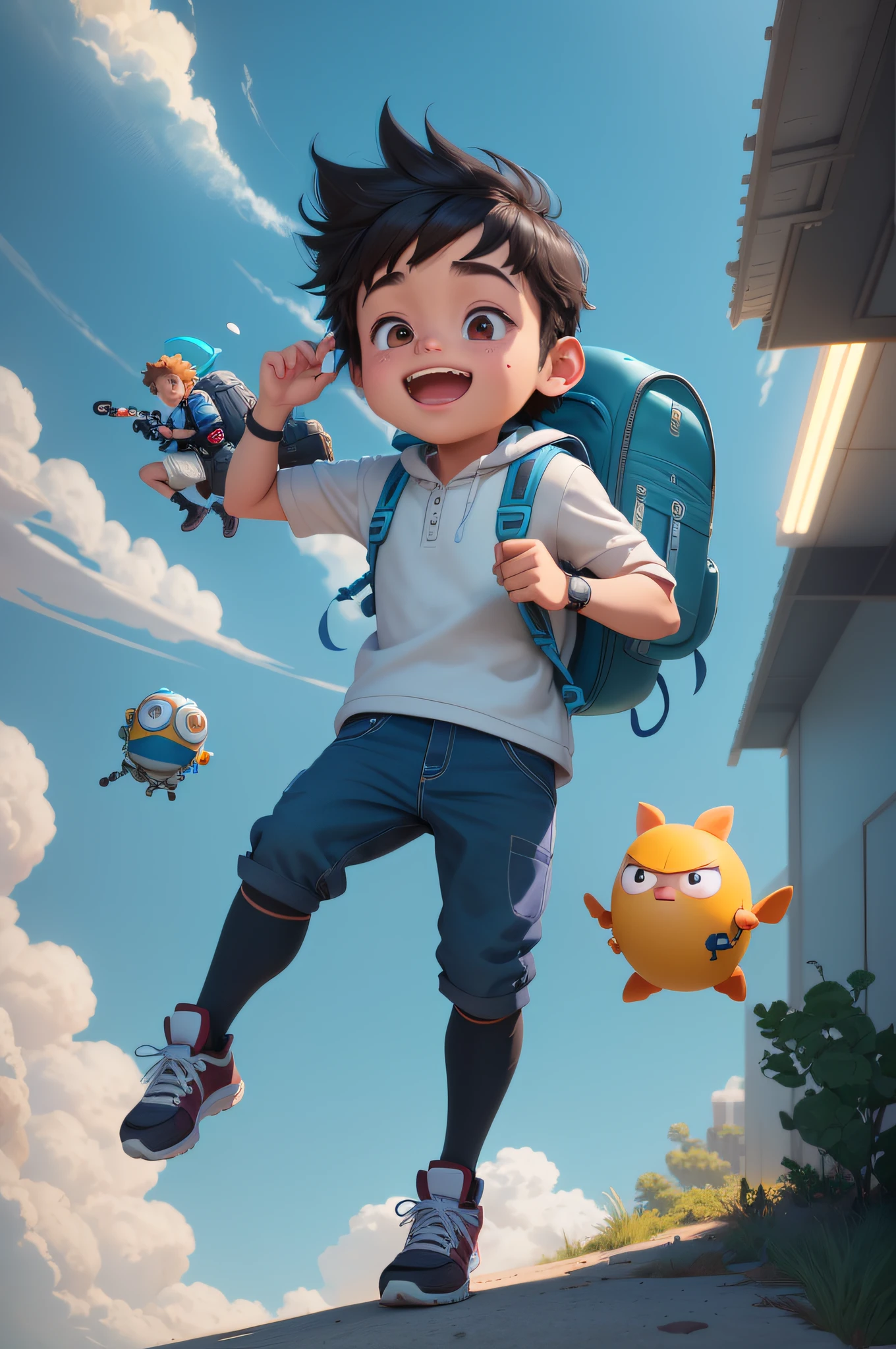 arafed image of a boy with a backpack and a backpack jumping in the air, childrens art in artstation, small character. unreal engine 5, animation character, pixar cute character design, adorable digital painting, concept art of single boy, animation style render, adventure hyper realistic render, 3 d character art, cute cartoon character, animated character design, 3d character