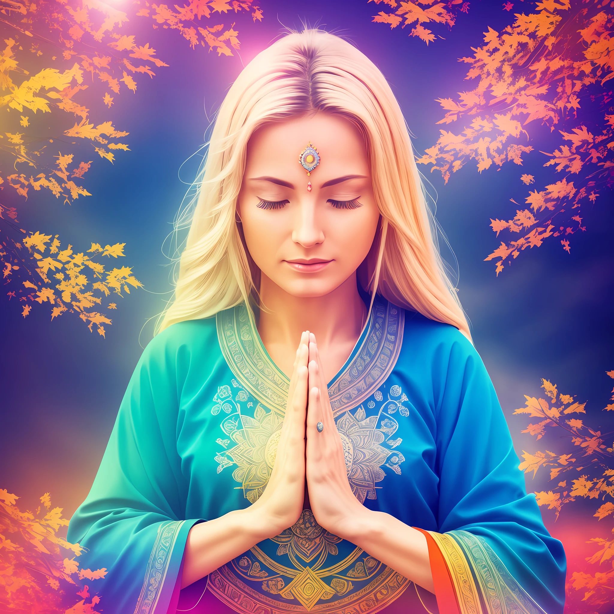 A realistic image of a blonde woman meditating, 35 years old, a mountain, a peaceful blue sky. Eyes closed. Perfect hands, a beautiful countenance. The word in multi-colors. --auto --s2