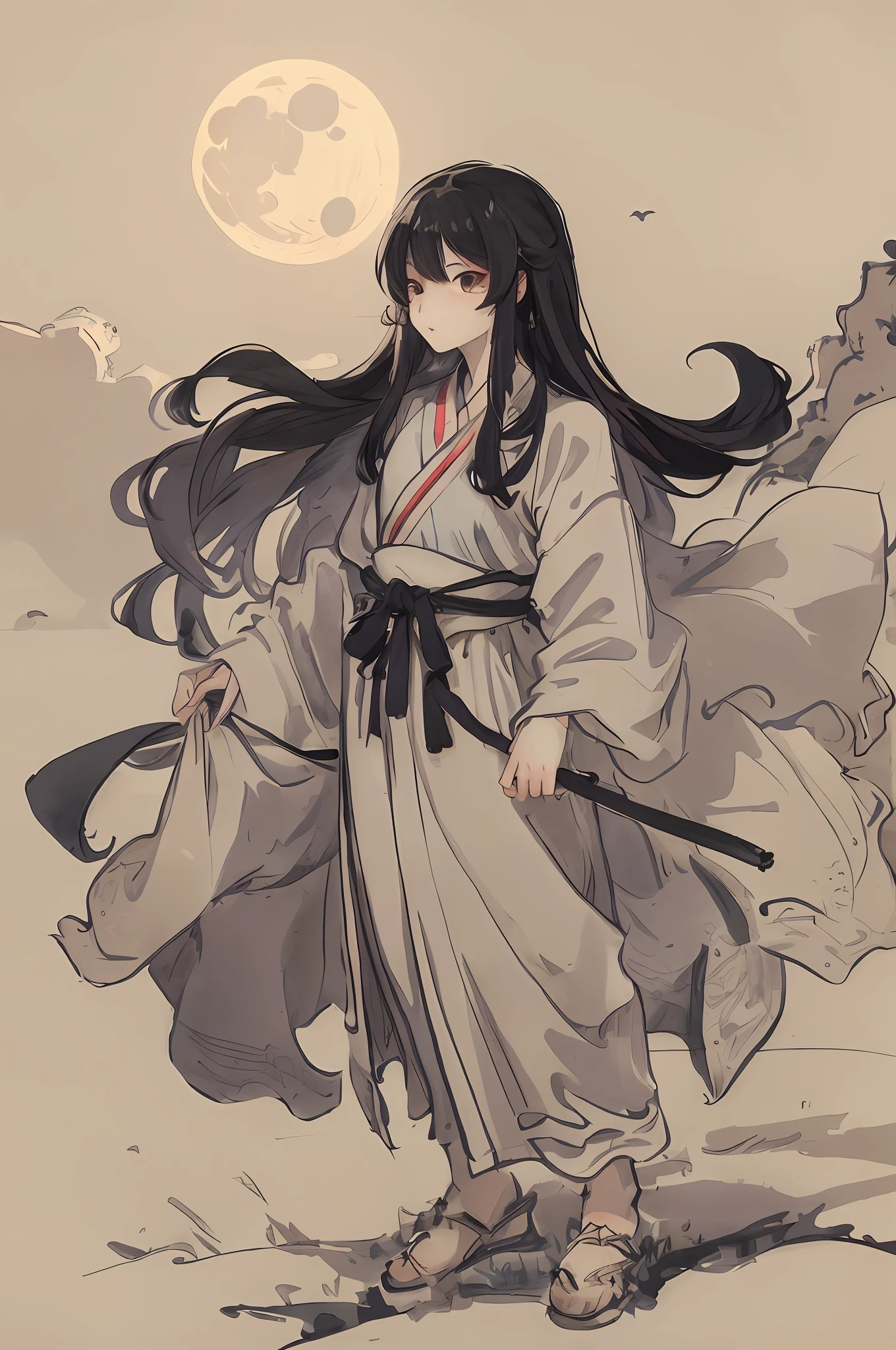 anime character with long hair and a sword in front of a full moon, flowing hair and long robes, anime style 4 k, anime illustration, palace ， a girl in hanfu, anime girl with long hair, anime style illustration, by Yang J, flowing white robes, wearing flowing robes, flowing robes, artwork in the style of guweiz, guweiz