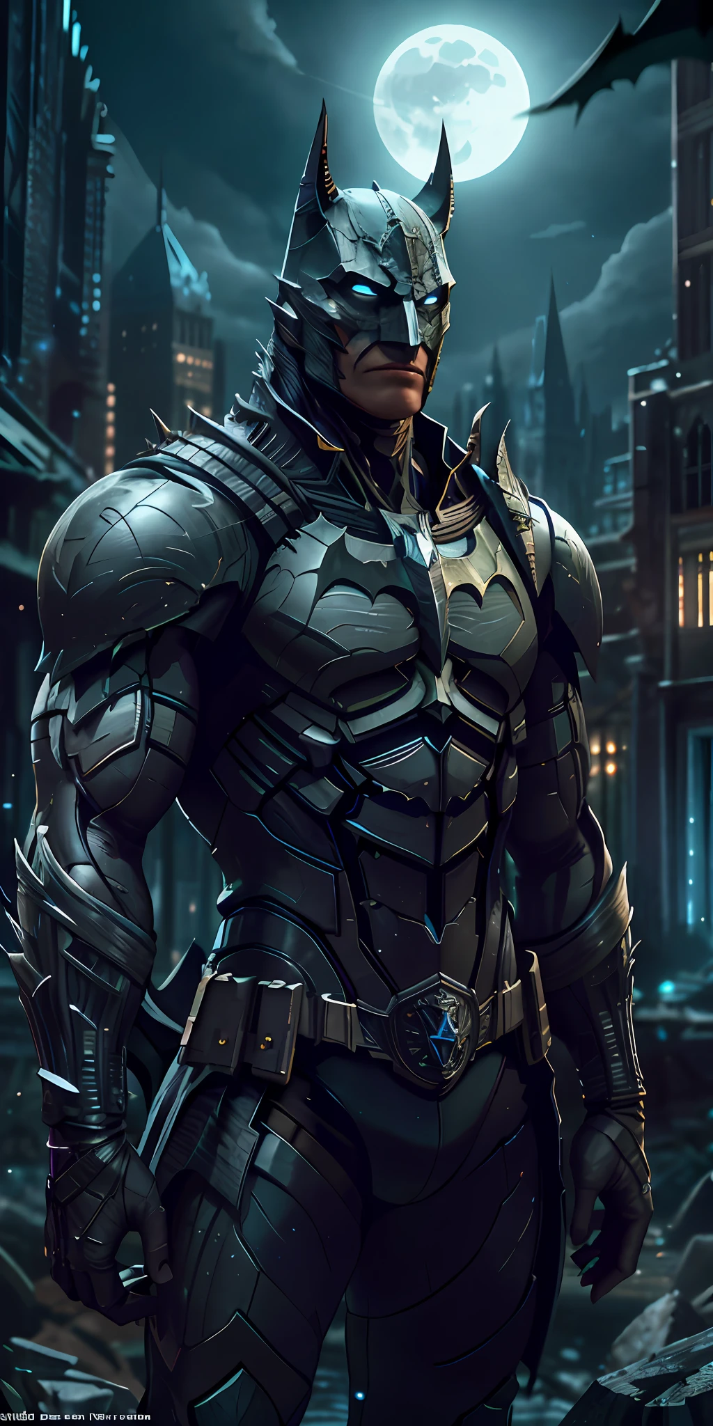 Batman from the dark knight stands imposing in a gothic lost city. Moonlight highlights your muscles and scars. The scenery is lush and mysterious, with futuristic tech and surroundings. The camera details everything, a warrior woman, in front of him.