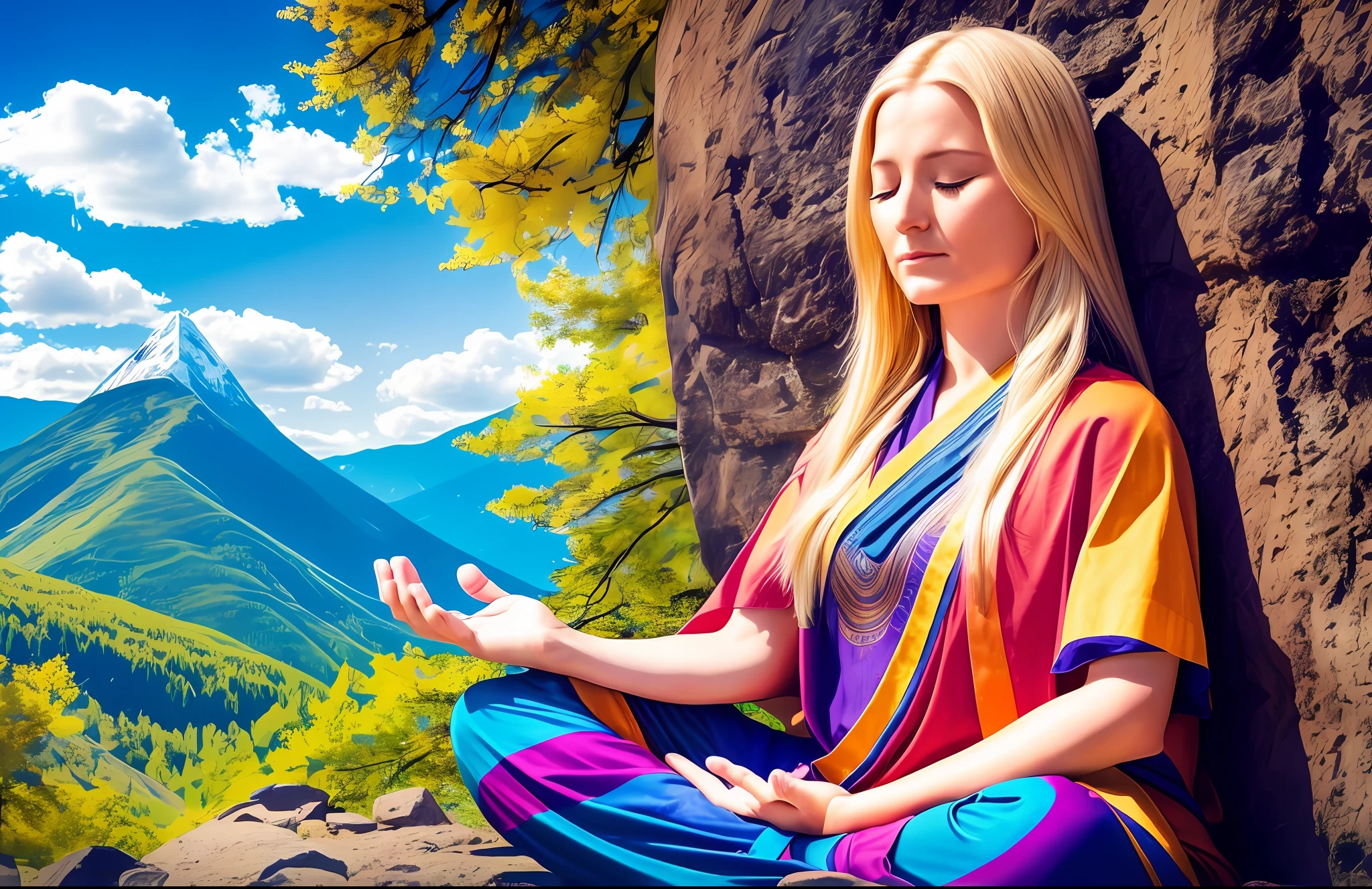 A realistic image of a blonde woman meditating, 35 years old, a mountain, a peaceful blue sky. Eyes closed. Perfect hands, a beautiful countenance. The word in multi-colors. --auto --s2