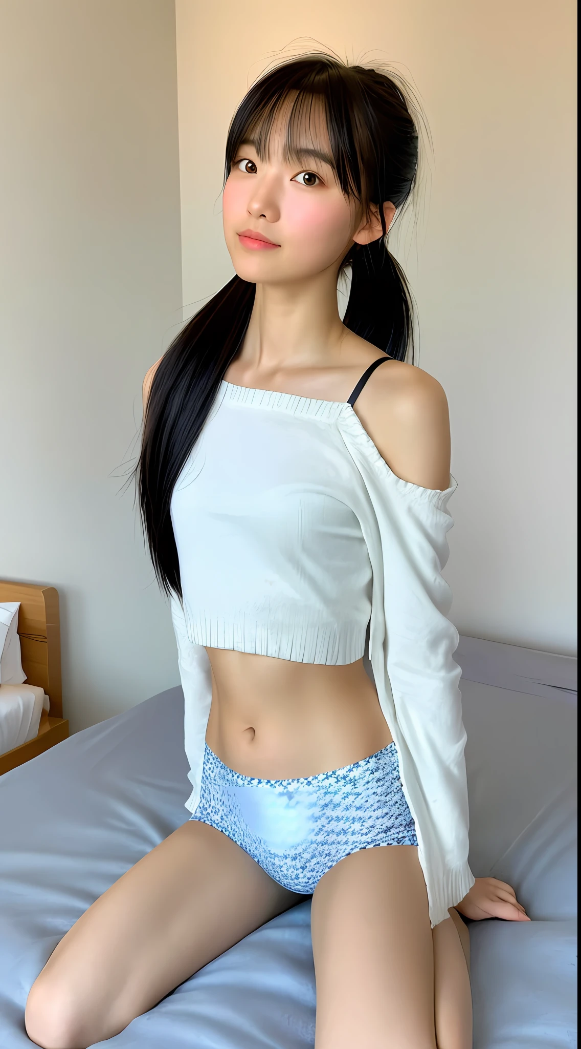 Realistic photos of (1 cute star) shoulder length hair, ponytail, light makeup, bangs, (small), clear facial features, 8K high resolution, sharp and realistic details, full body, fair skin, own room, changing (in underwear), changing clothes, f/4.0, 135mm, fujifilm, jpeg artifact, dithering, UHD, masterpiece, blur, schoolgirl, underwear, white