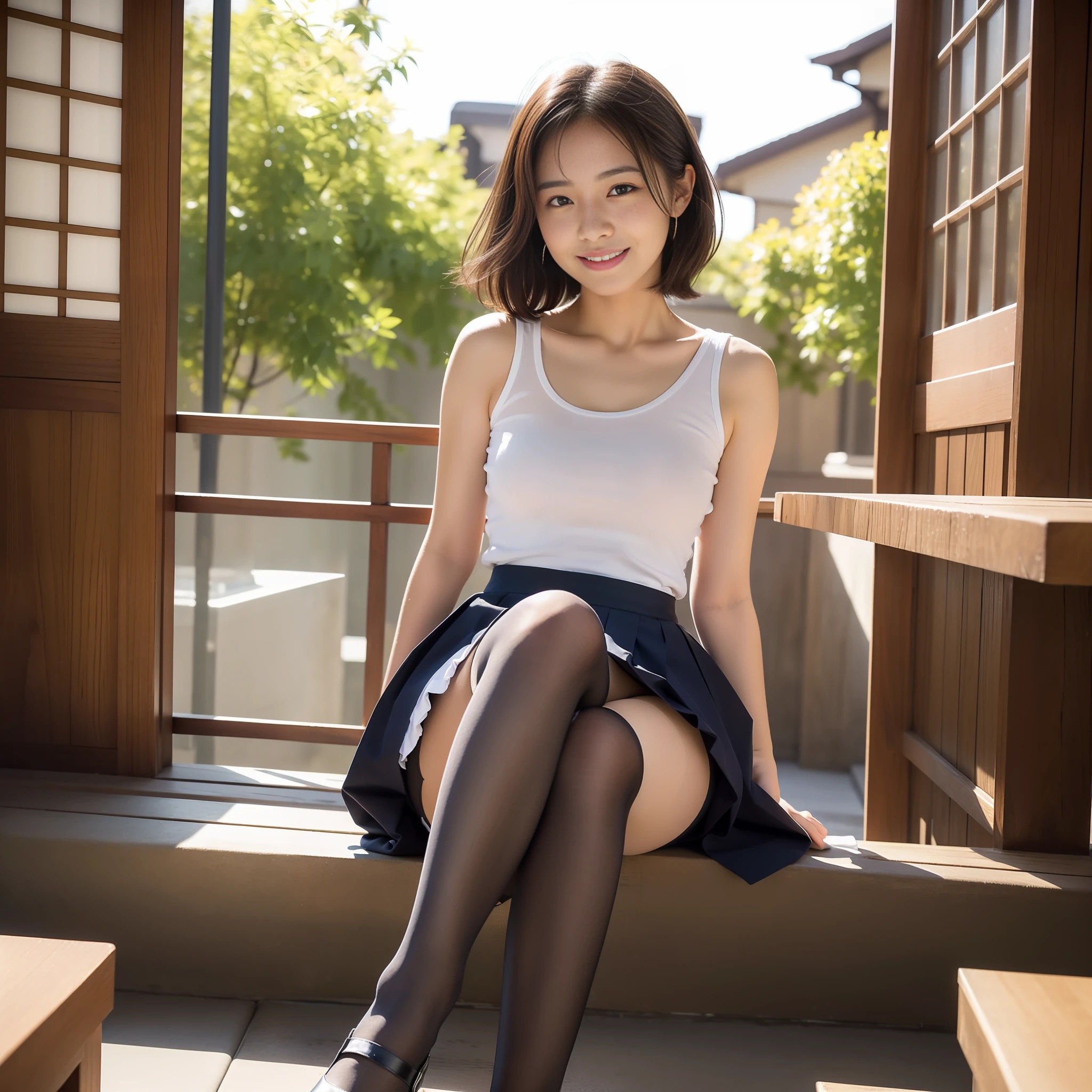8K UHD, DSLR, Complete Anatomy, (2 legs), (2 hands), (5 fingers), (Best Quality: 1.3), (Masterpiece: 1.1), High Resolution, Cinematic Light, Intricate Detail, (Photorealistic), Outside, Beautiful Outside, Sunny, Best Realistic, Japan Man, One Girl, , Clavicle (A Cup), , (Cafe: 1.5), Dimples, Short straight hair, slightly open lips, big eyes, looking at the viewer, bare shoulders, no shirt, red underwear, ((Japan girls' high school uniform)), pencil skirt, high-waisted skirt, sitting legs slightly bending the knees, indoors, piercings, 10 denier shiny black pantyhose, red high heels, (smile), (full body: 1.6), slender ulzzang-6500-v1.1, (Raw photo:1.2), (Photorealistic:1.4), Beautiful detailed girl, Very detailed eyes and face, Beautiful detailed eyes, Ridiculous, Incredibly ridiculous, Huge file size, Ultra detailed, High resolution, Very detailed, Top quality, Masterpiece, ((Japan girls' high school uniform)), very detailed, realistic, unified, 8k wallpaper, fantastic, fine detail, masterpiece, best quality, highly detailed cg uniform 8k wallpaper, light on face, movie lighting, 16 year old girl, (without panties)), ((dynamic pose))), (camel toe), (half), (pantyhose), (sitting legs bending knees)