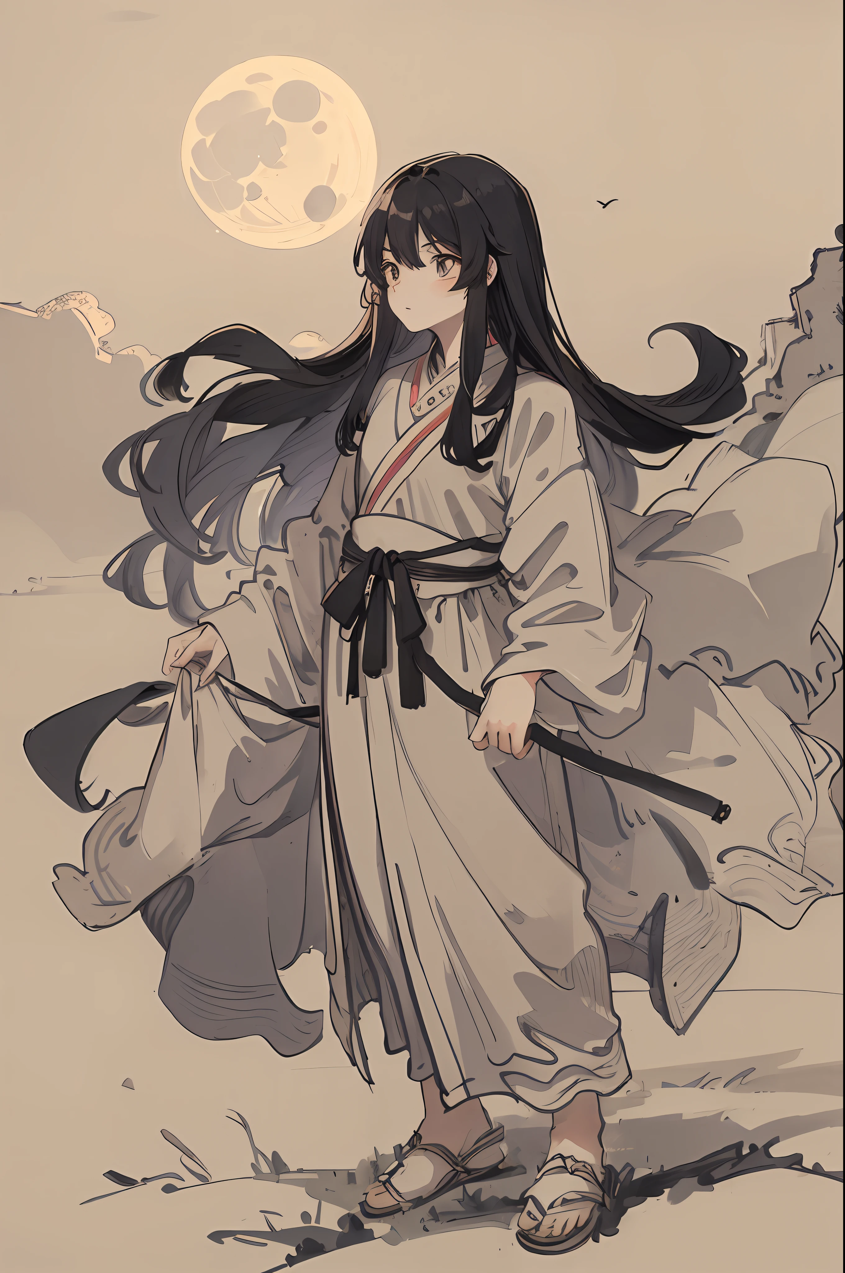 Masterpiece, best quality, night, hills, clouds, full moon, long hair, man, silhouette, firefly.
