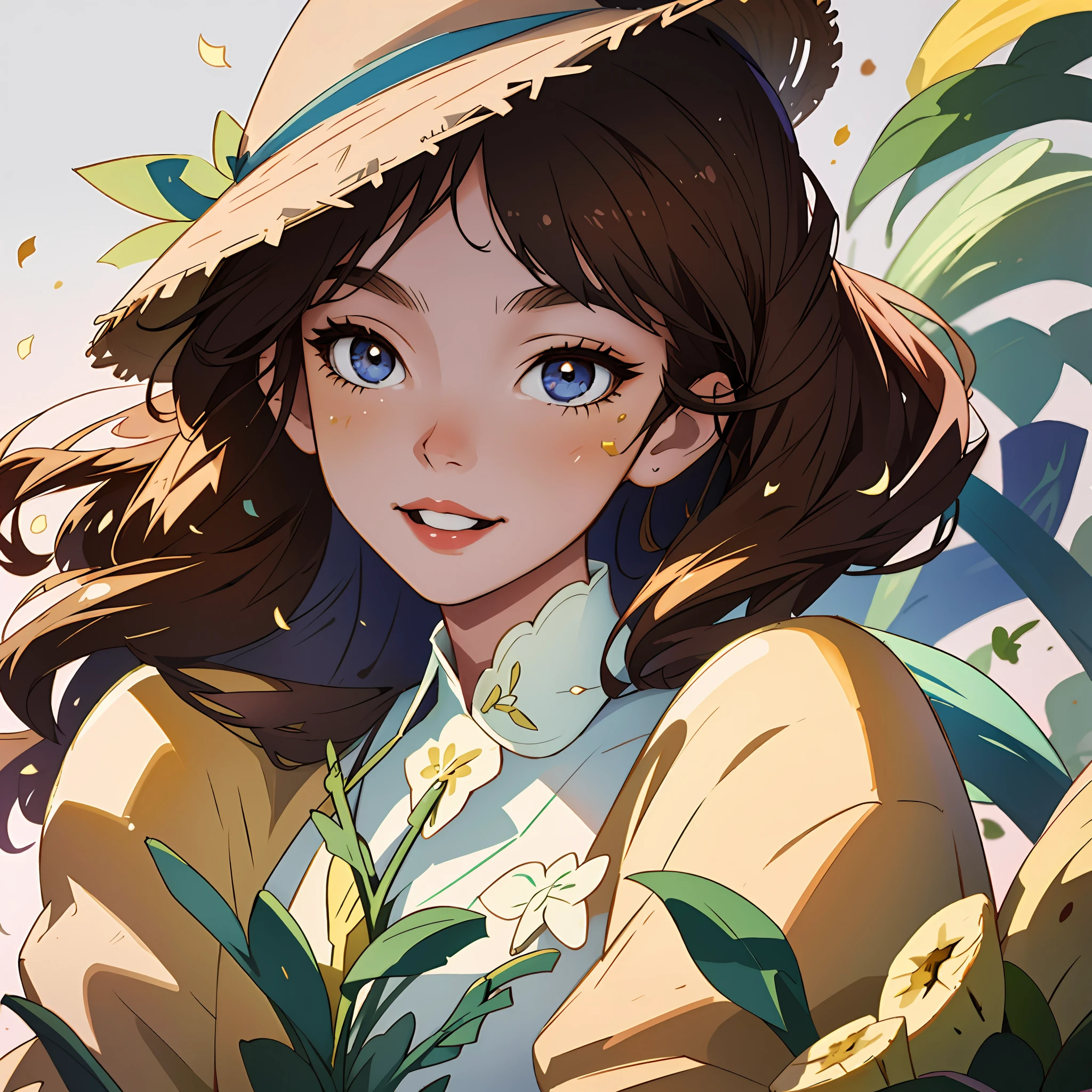 (best quality, masterpiece), highly detailed, 8k, (colorful), (vivid colors), soft color, soft light, artstation sample, Soft edges, Youthful spirit, illustration, Floral patterns, cinematic lighting,
(1girl), (banana), banana hat, holding a basket with bananas, cute, yellow, soft, yellow dress, white, smiling, brown hair
lavender background, detailed background, carefree, beautiful detailed eyes, beautiful face, fruits