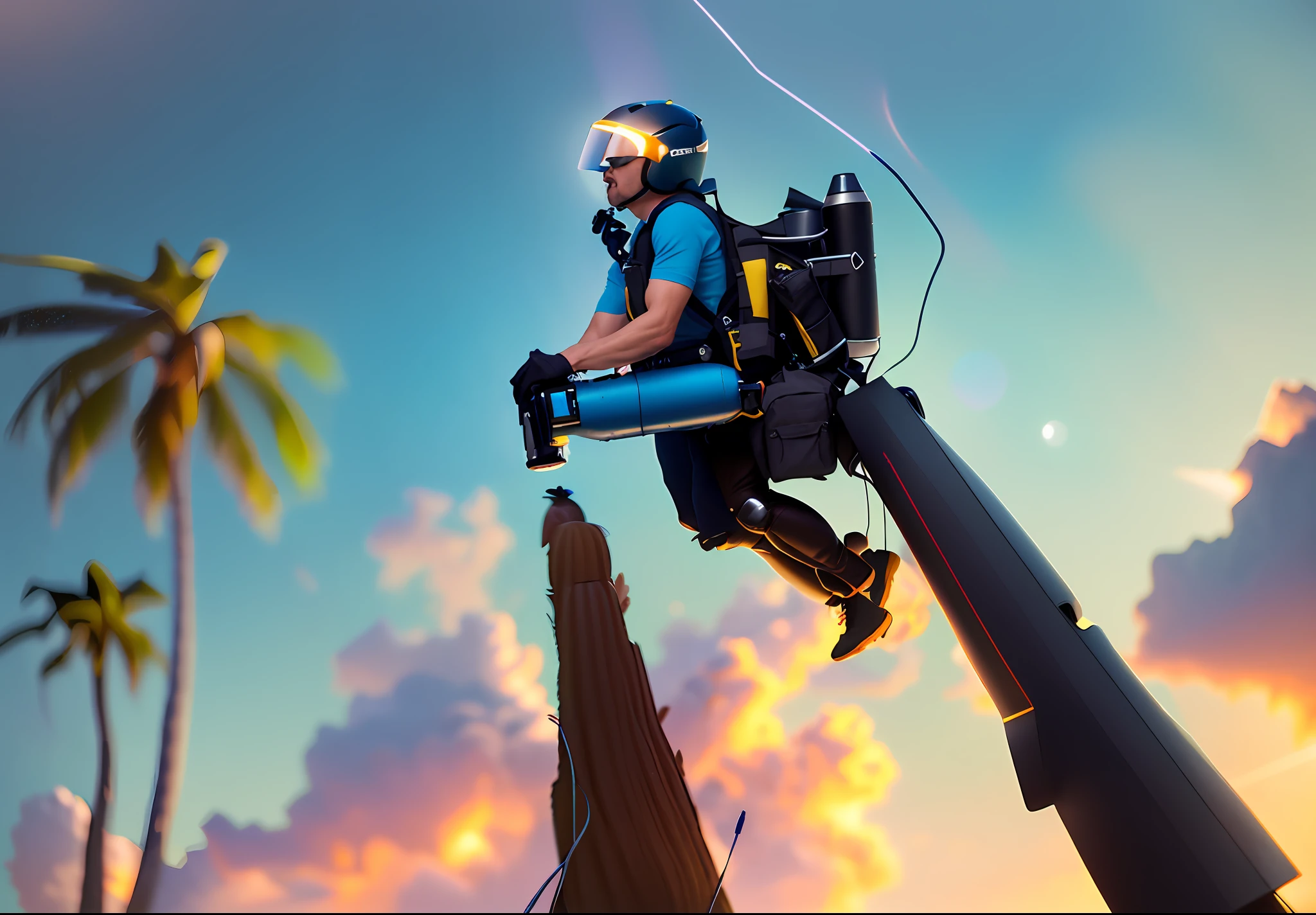 (8K, 4K, Best Quality, High Definition: 1.2), (Masteristic, Realistic, Photoreal: 1.37), adult who flies with a rocket pack on his back. Anatomically correct, sideways. Helmet. Jeans. Rocket jetting. Dark night. Palm tree in the background.