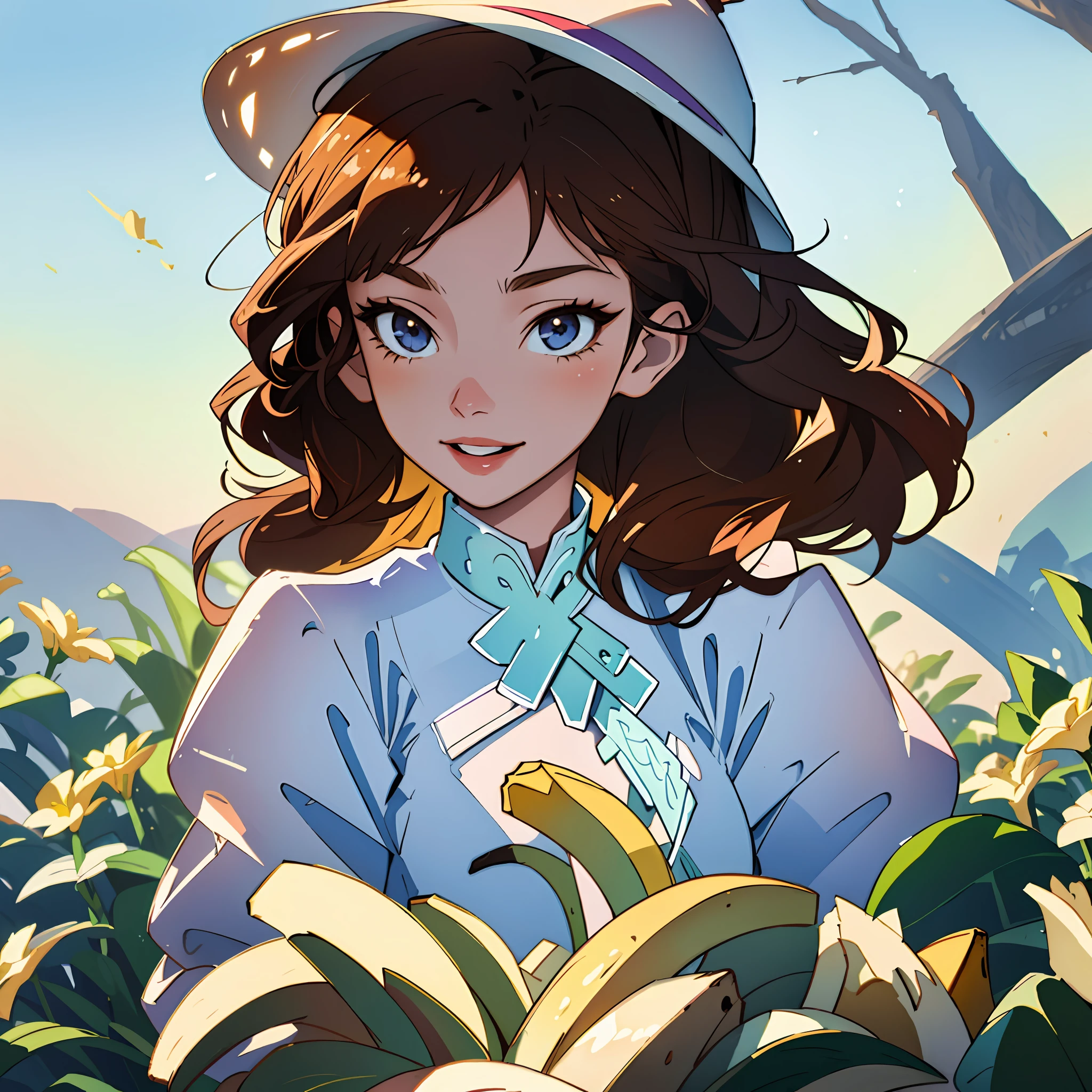 (best quality, masterpiece), highly detailed, 8k, (colorful), (vivid colors), soft color, soft light, artstation sample, Soft edges, Youthful spirit, illustration, Floral patterns, cinematic lighting,
(1girl), (banana), banana hat, holding a basket with bananas, cute, yellow, soft, yellow dress, white, smiling, brown hair
lavender background, detailed background, carefree, beautiful detailed eyes, beautiful face, fruits