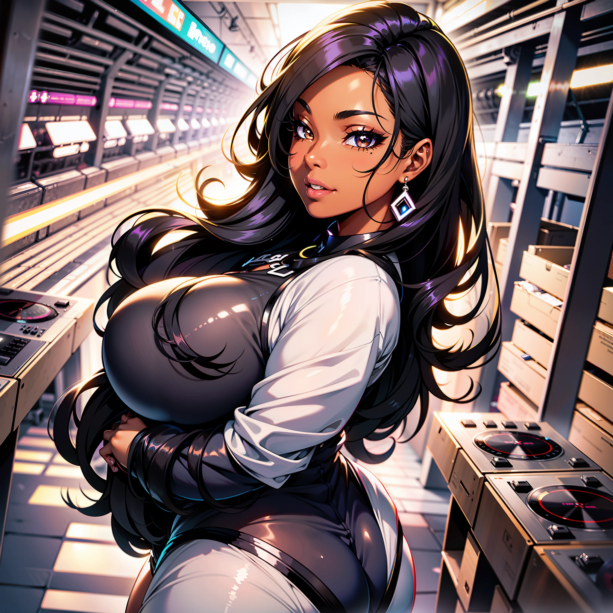 1girl, solo, breasts, dark_skin, dark-skinned_female, straight_hair, black_hair, shiny, shiny_hair, lips, parted_lips, brown_eyes, huge_natural_breasts, huge butt, eyelashes, big_lips, lipstick, very_long_hair, mole, mole on chest, very dark-skinned female, chubby female, chubby girl, highly detailed, clear focus, chubby, chubby woman, high quality, best quality, 8k, smile, latin girl, DJ, tecno, ciberpunk, future, tecno clothes