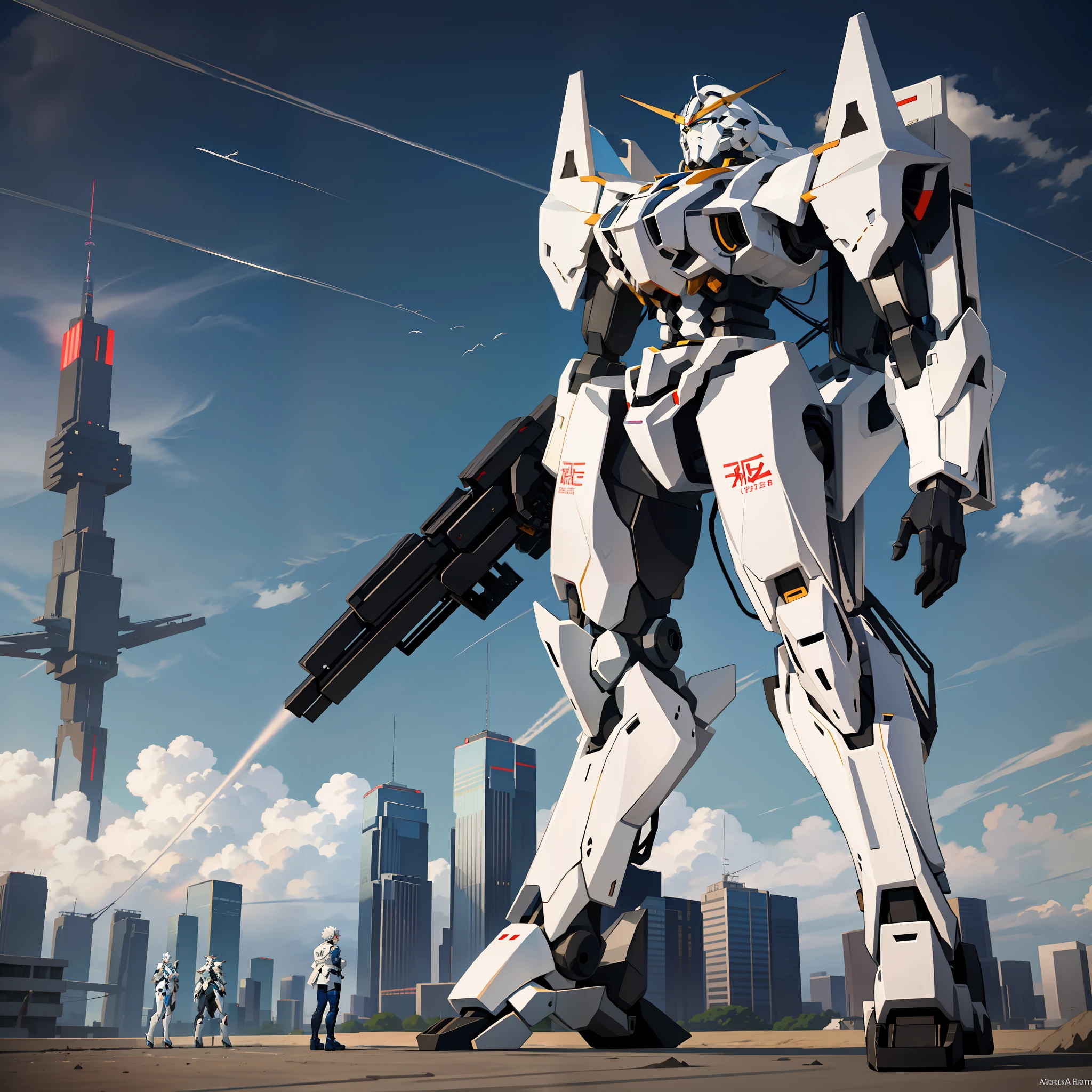 anime style picture of a giant robot standing in front of a city, modern mecha anime, an anime large mecha robot, mecha anime, modern sci-fi anime, cool mecha style, white mecha, giant anime mecha, ferra white mecha, alexandre ferra white mecha, mecha asthetic, mecha art, big mecha