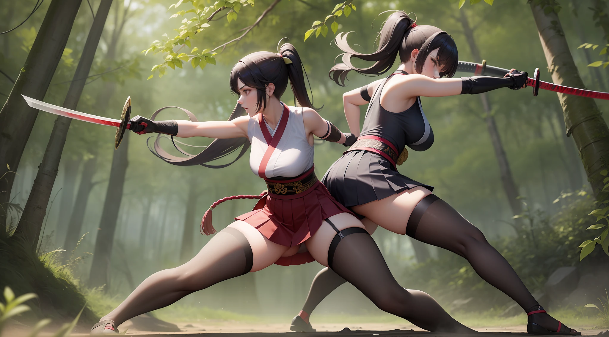 Full body shot of two adult kunoichi locked in an intense battle, looking each other, wielding katana with deadly intent. One of them takes a lethal blow and succumbs to her injuries. They have long loose hairstyles as they clash in traditional sleeveless kimonos, cinched at the back hip by striking obis. The fighters are adorned with black thin long gloves at their two hands, pleated skirts, and black thigh highs at their two legs. The battle takes place in a dense and lush forest.