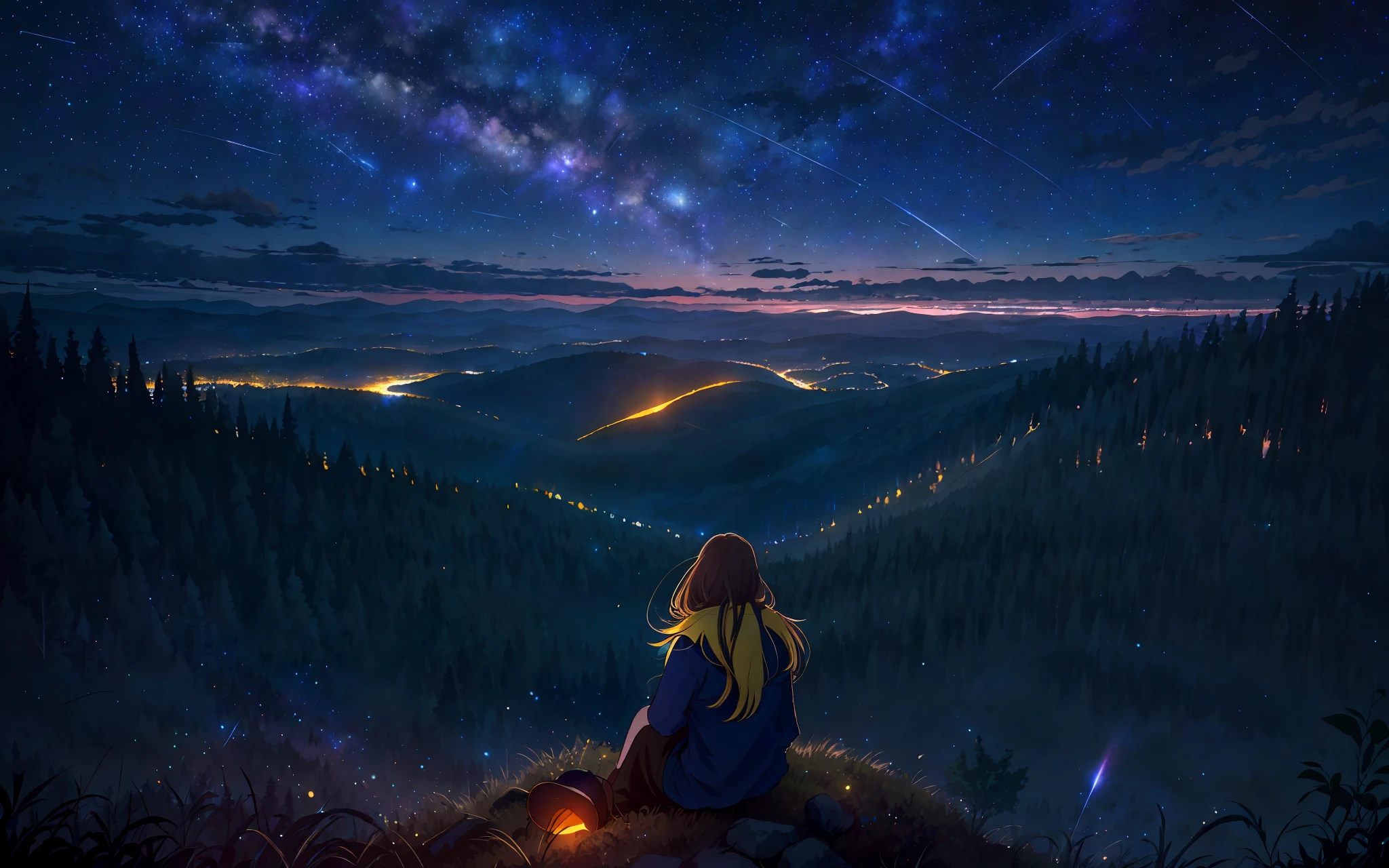 1girl sitting on a hill and looking up at a vibrant night sky of shooting stars, forest, moody, facing away, astrophotography, atmospheric moonlight, highres, distant city