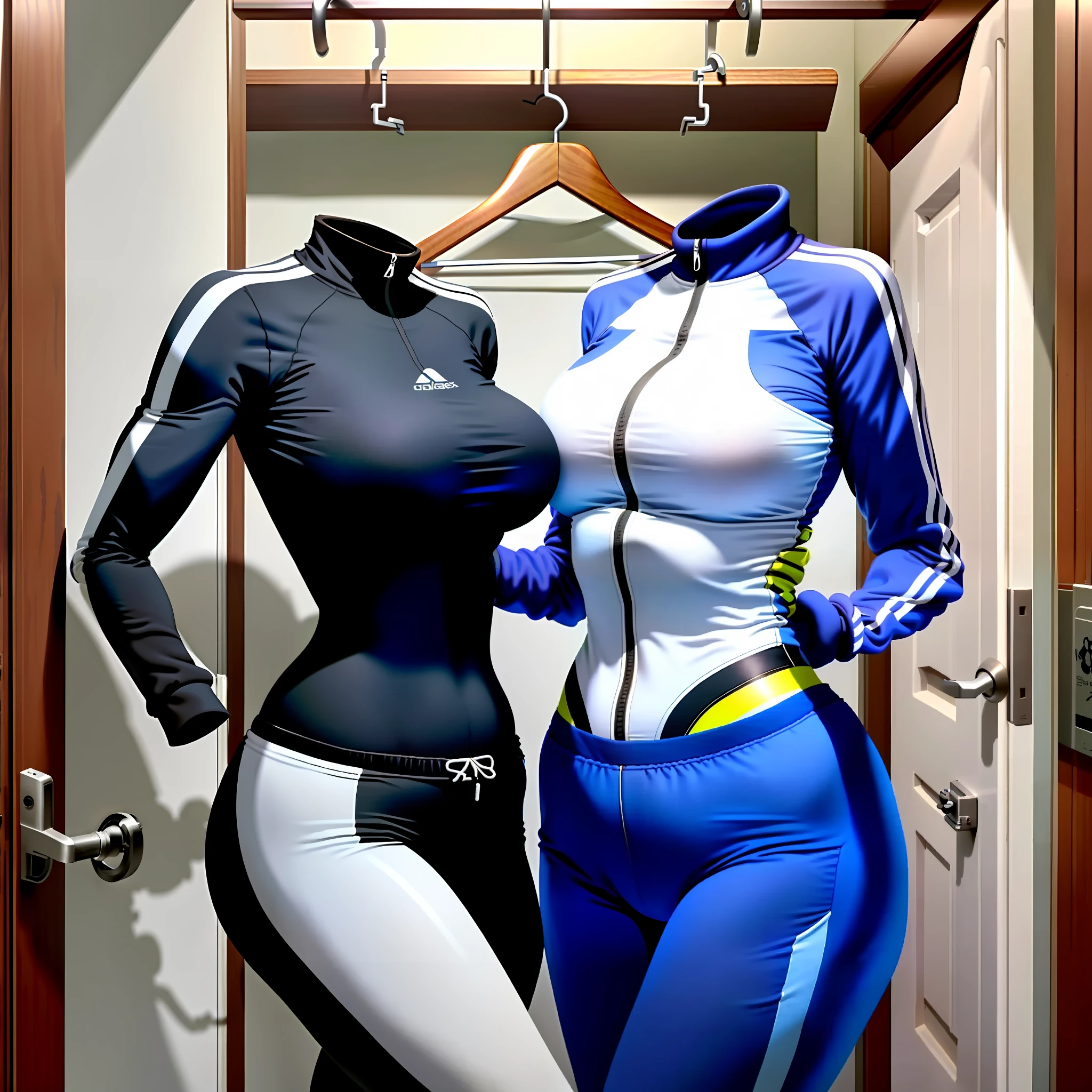 Invisible girls, world without humans, headless, sailer uniforms, (realistic: 0), headless, empty, handless, headless, invisible girls, tracksuits with cleavages, empty clothes, invisible body, invisible head, empty clothes, invisible girl, hanger tracksuits with cleavages, invisible body, invisible head, tracksuits has big breasts and cleavages, tights, hanger tracksuits in a closet swells as if worn by invisible busty girls, girl's busty tracksuits begin to fold their sleeves and to raise their sleeves on its own as if worn by invisible girls, hanger tracksuits has big breasts and cleavages