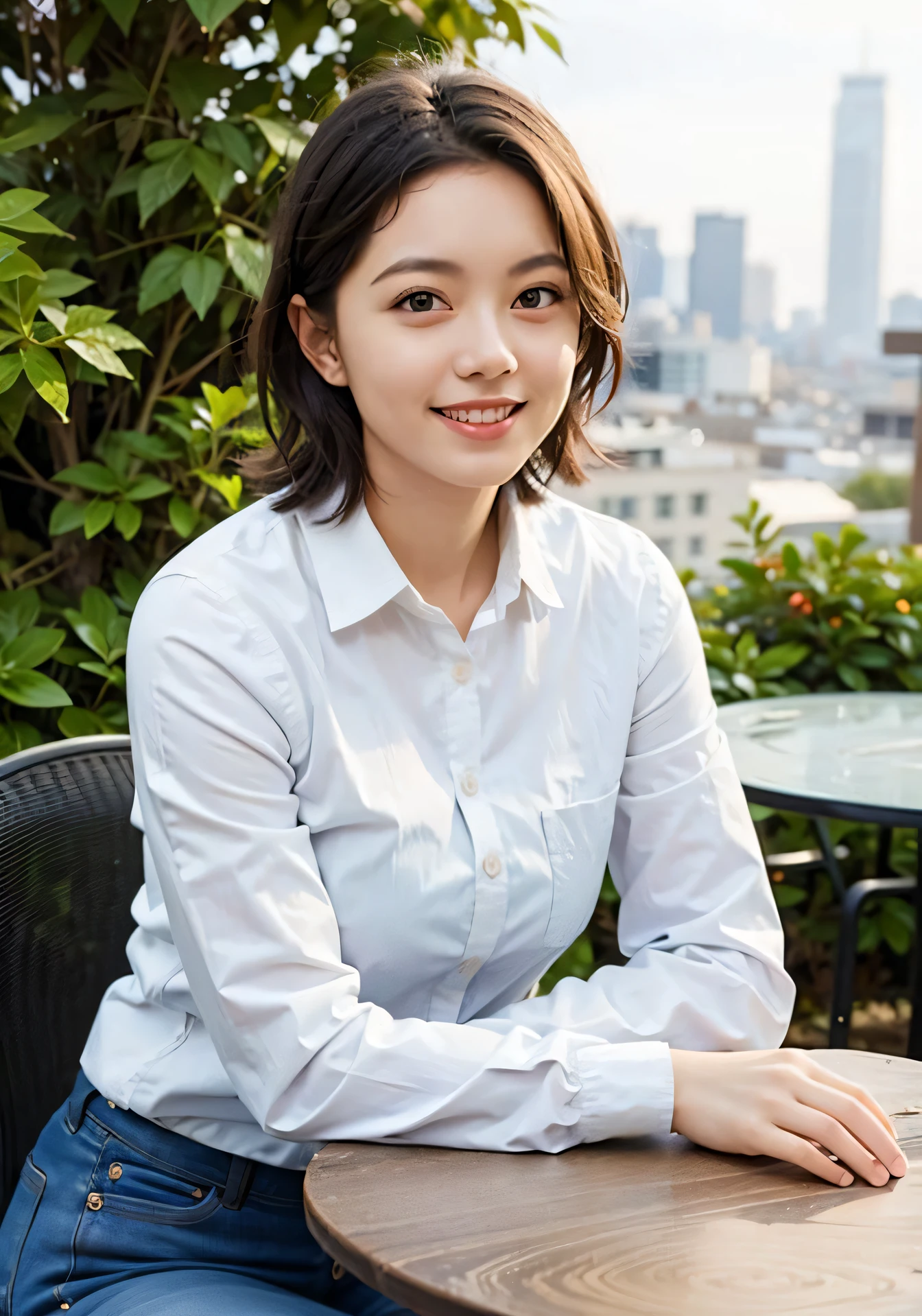 realistic, beautiful female,short hair, 
 long sleeves, shirt,jeans,sitting,outdoors,ivy,table,cityscape,glass, , looking at viewer, 
office,(parted lips:1:1), (light_smile),
shiny skin, skindentation