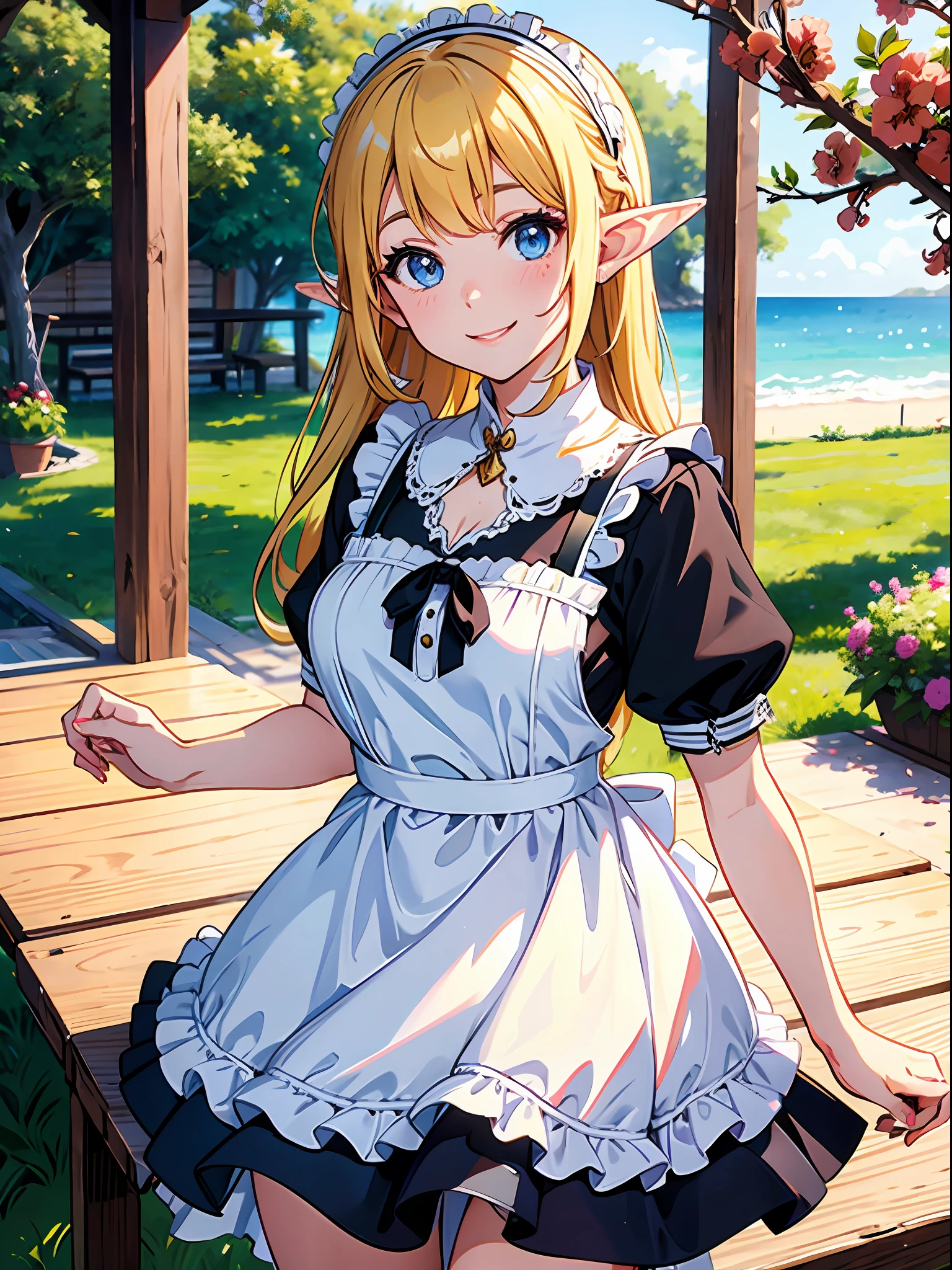 portrait, delicate girl, maid outfit, elf ears, cute eyes, charming smile, go to camera, summer