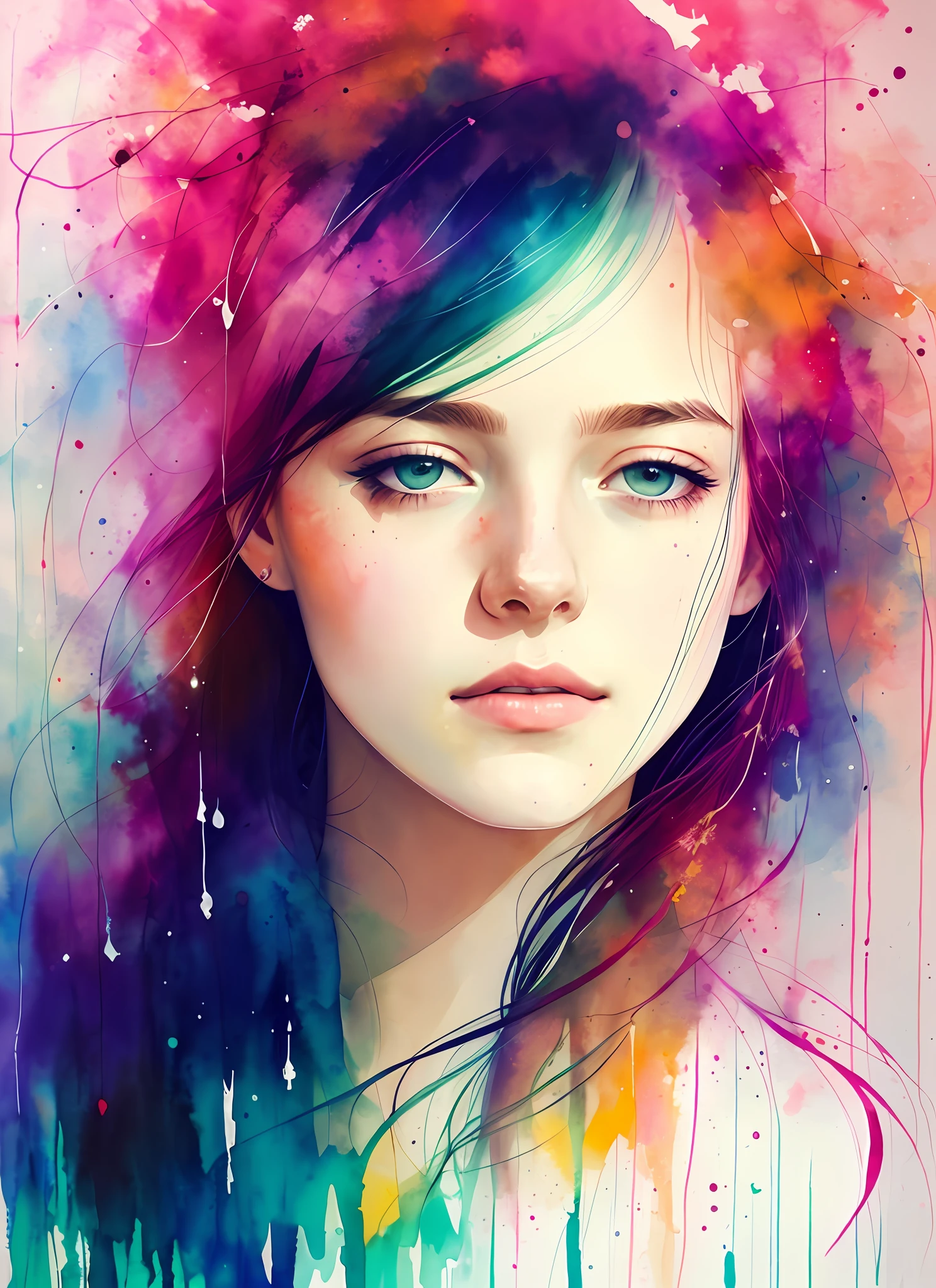 a painting by mse a woman by agnes cecile, luminous design, pastel colours, ink drips, autumn lights