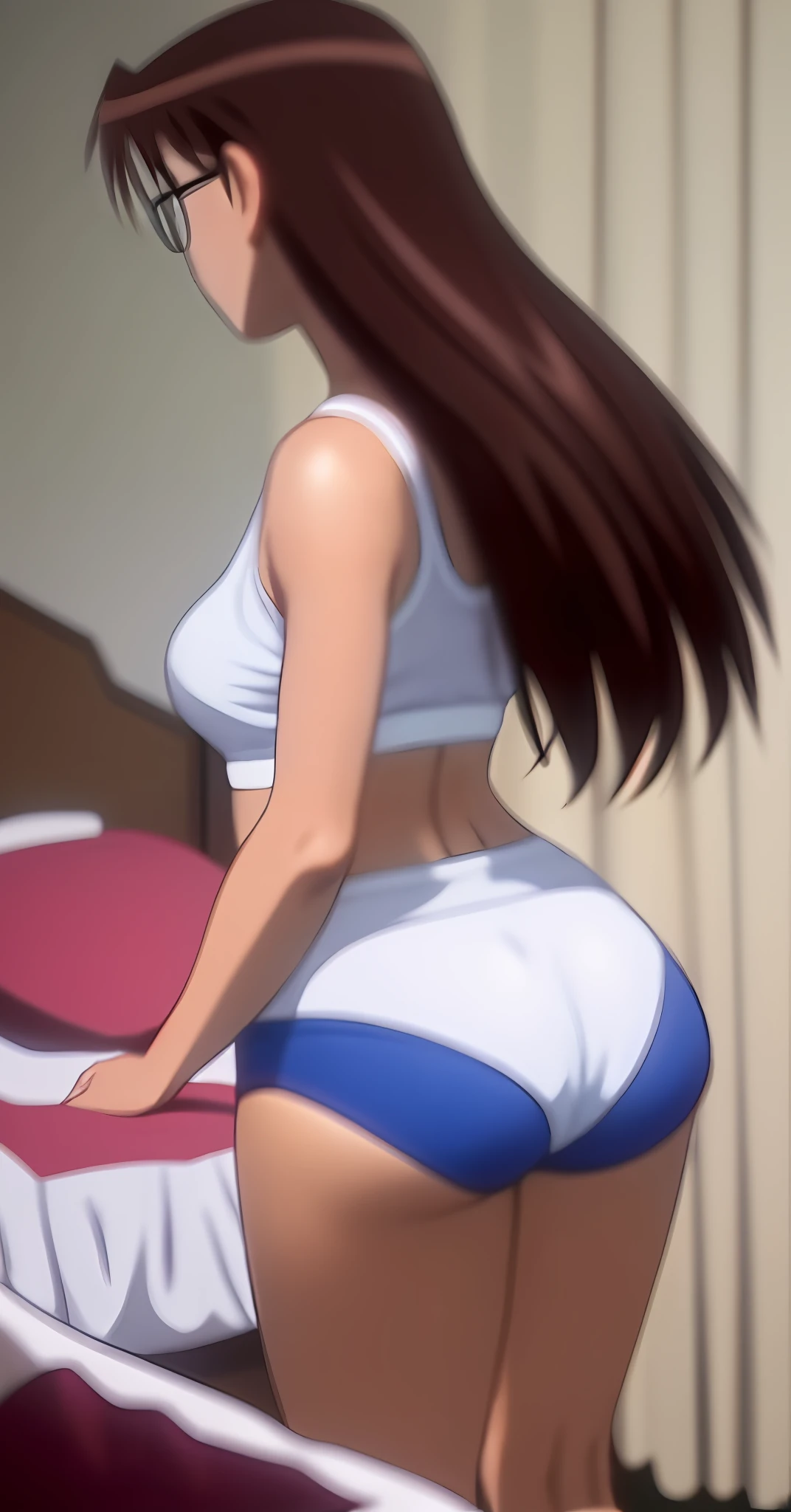 Koyomi Mizuhara, long brunette hair, glasses eyes,  ears, nose, mouth, Big breasts, medium ass, Tight tank top and tight booty shorts, shoes, white underwear, white bra strap, holding to the pole, ass cheeks, view from behind, bending over, guy gropes koyomi from behind part 3, sticking her butt out to a pervert boyfriend girl in heat, tight ass, rape scene behind her ass, hot and bothered, back view,  Bedroom