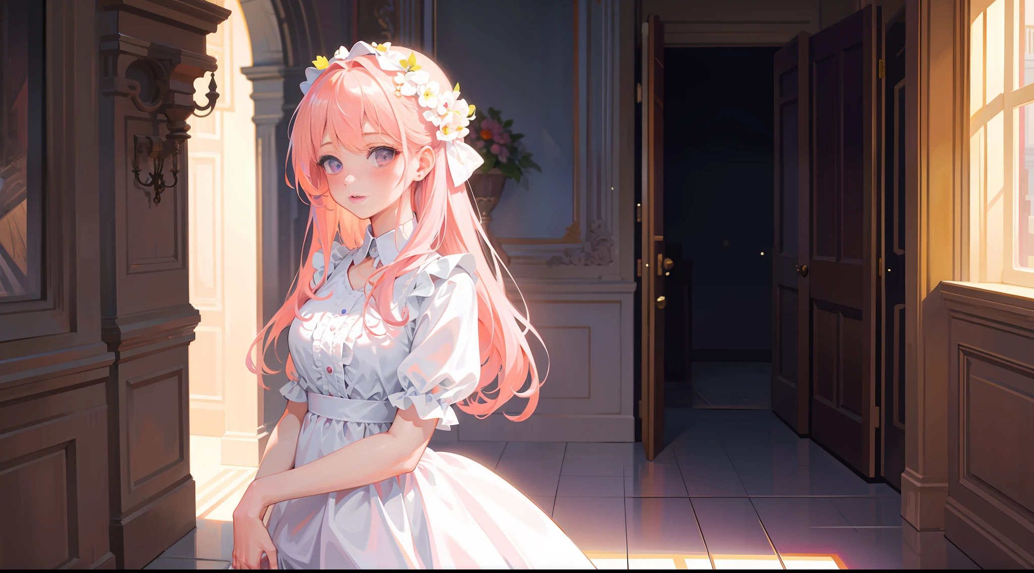 Masterpiece, best quality, super detailed, illustration, beautiful detailed eyes, close up, 1 girl, pink hair, white dress, villa doorway, standing position, face down