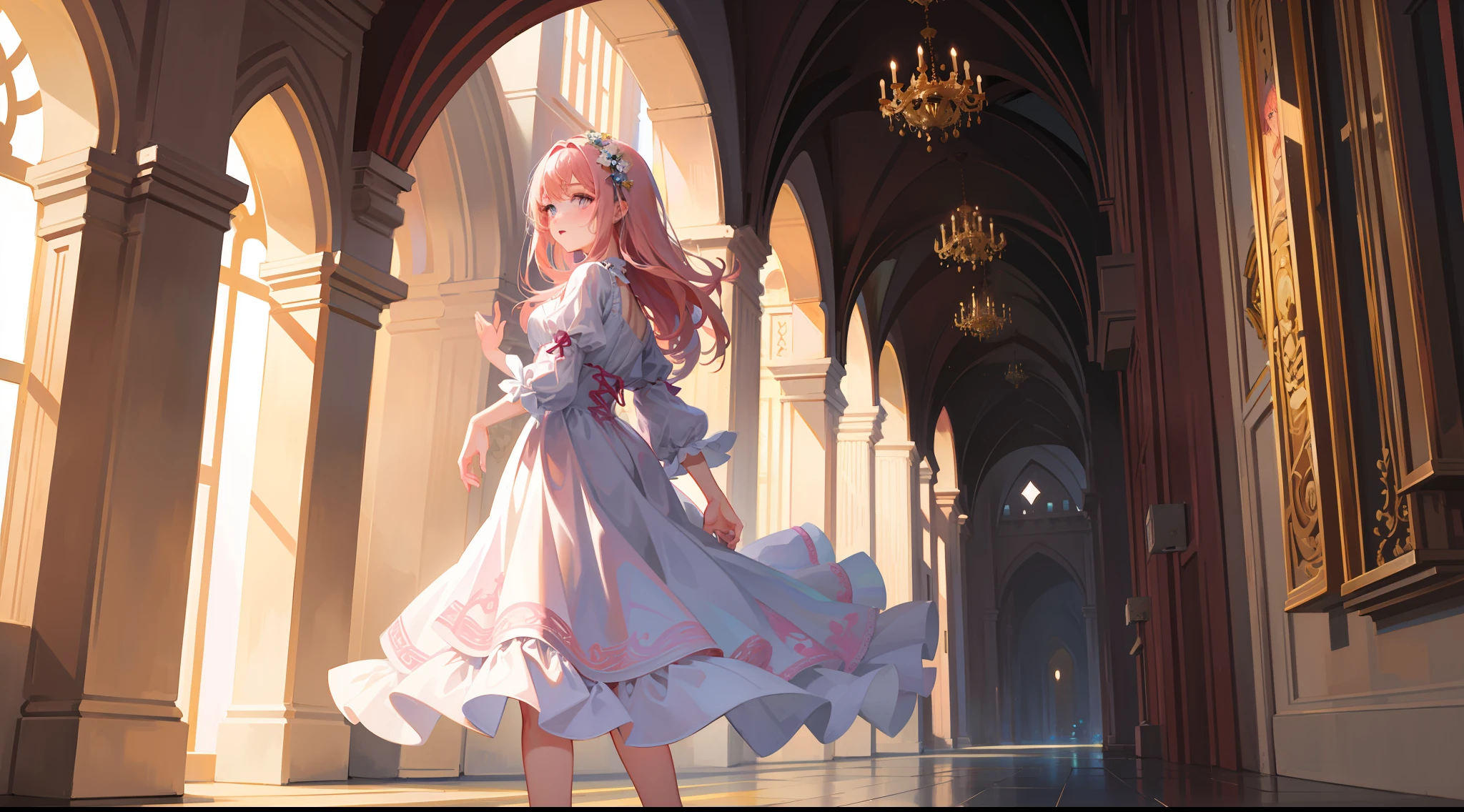 Masterpiece, best quality, super detailed, illustration, beautiful detailed eyes, close up, 1 girl, pink hair, white dress, villa doorway, standing position, face down