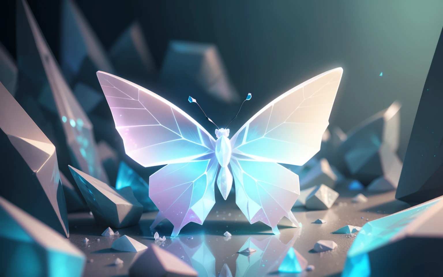 hyperrealistic photograph of low polygon style white, magical, glowing, crystalline, bioluminescent butterfly Mother pearl --auto --s2