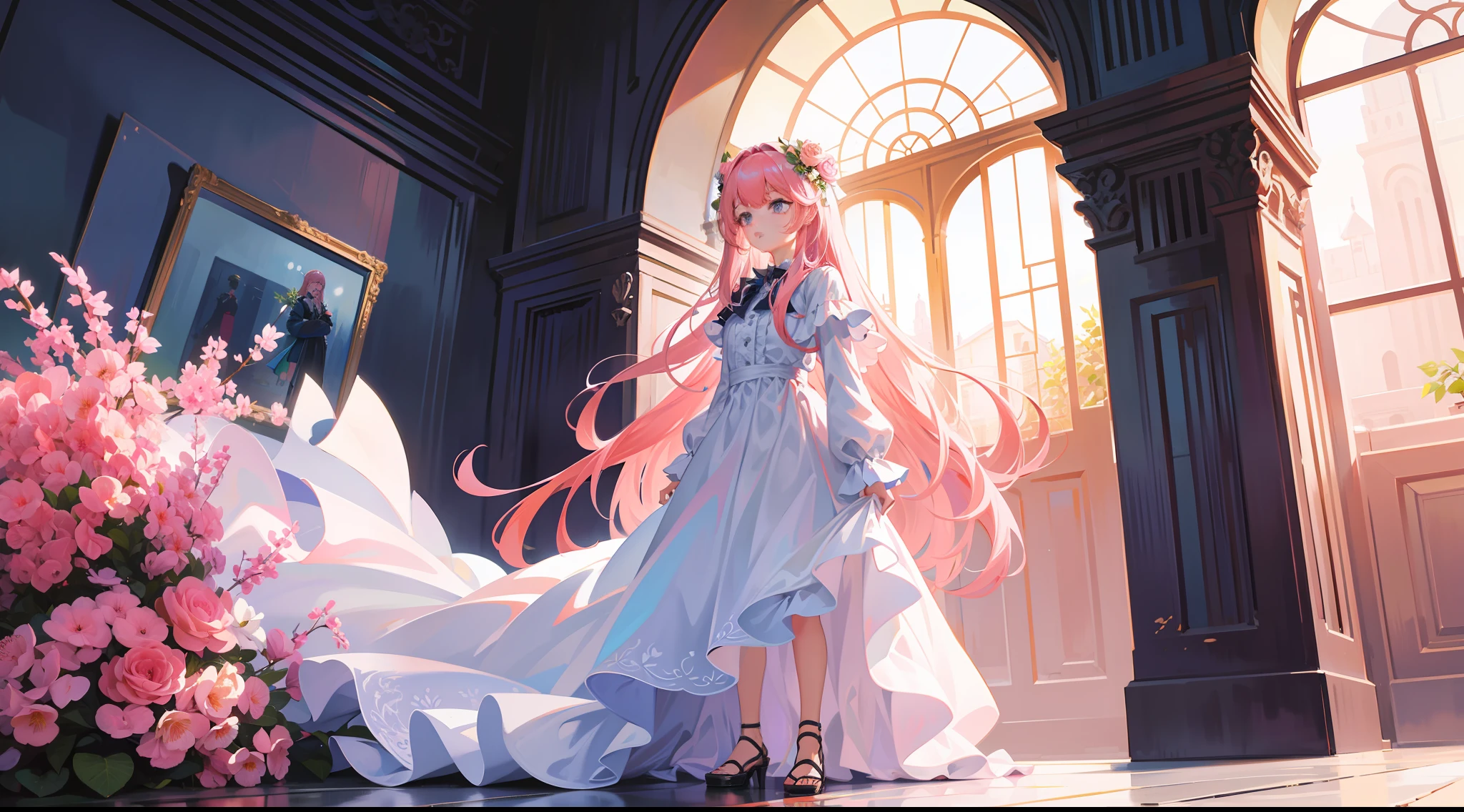 Masterpiece, best quality, super detailed, illustration, beautiful detailed eyes, close up, 1 girl, pink hair, white dress, villa doorway, standing position, face down