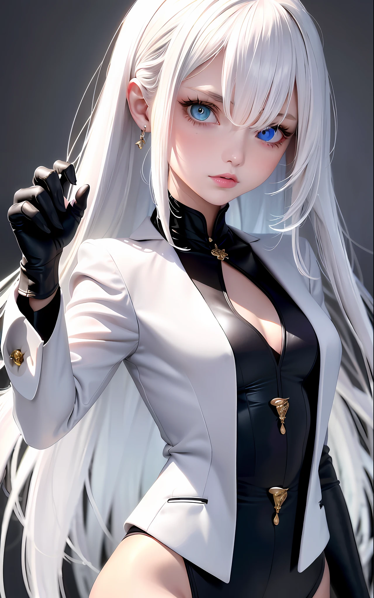 Excellent, Masterpiece, High Resolution, Best Quality, UHD, Super Detail, Award-Awarded, 16k, (upper body), a beautiful girl, white hair, hair strands, ((heterochromia), hanging eyes, fair skin, (small breasts), (slim body), ((Business suit)), short gloves