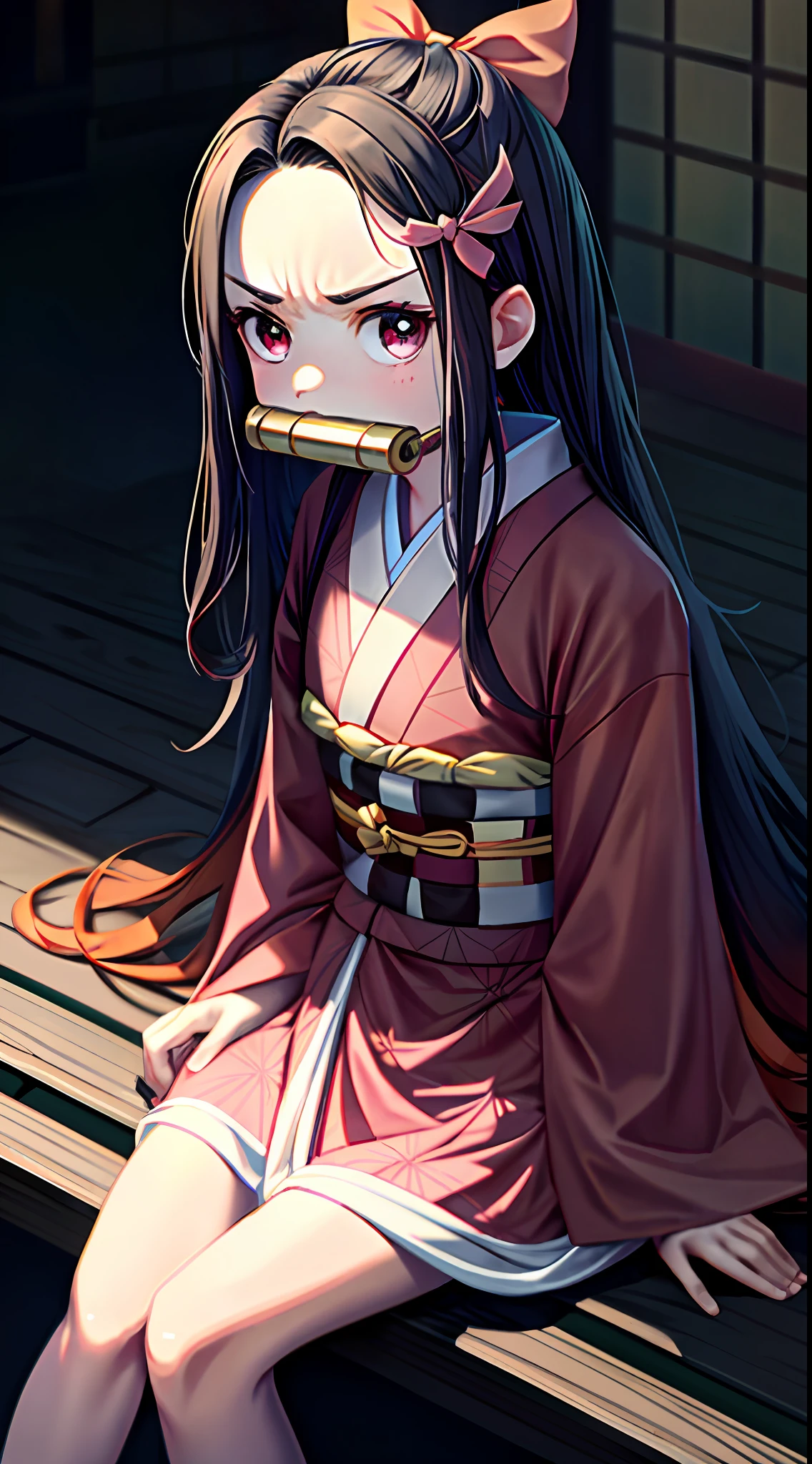 Masterpiece, Best Quality, High Resolution, venus1, 1girl, solo, Tsuko Kamato, Bamboo, bit gag, brown hair, checkered belt, gag, gradient hair, hair ribbon, haori, japanese clothes, kimono, long hair, looking at the audience, colorful hair, orange hair, pink eyes, pink kimono, pink ribbon, ribbon, solo, upper body, (((masterpiece)), frontal, sitting, cute, puffed cheeks, angry, wide eyes