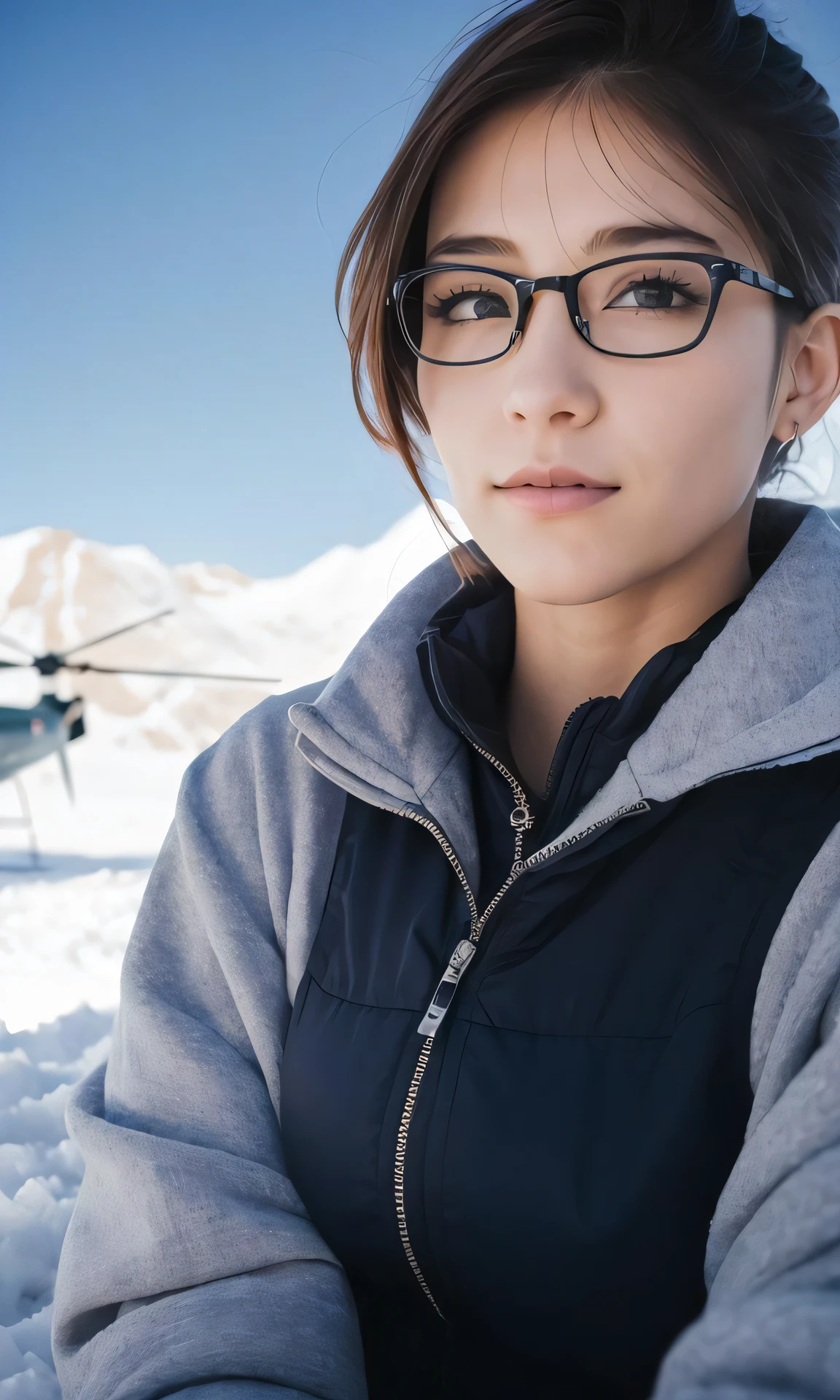 ((masterpiece, photo-realistic, detailed face, professional lighting, extremely detailed skin, good lighting, extremely beautiful face, extremely detailed background, extremely beautiful girl)), solo, (mature:1.7),(1 girl), short hair, blue hair, look at viewer, sunglasses on forehead, pantyhose, sport bra, boots, snowfield, snow mountains, glacier, outdoors, mature female, helicopter, snow, speed,