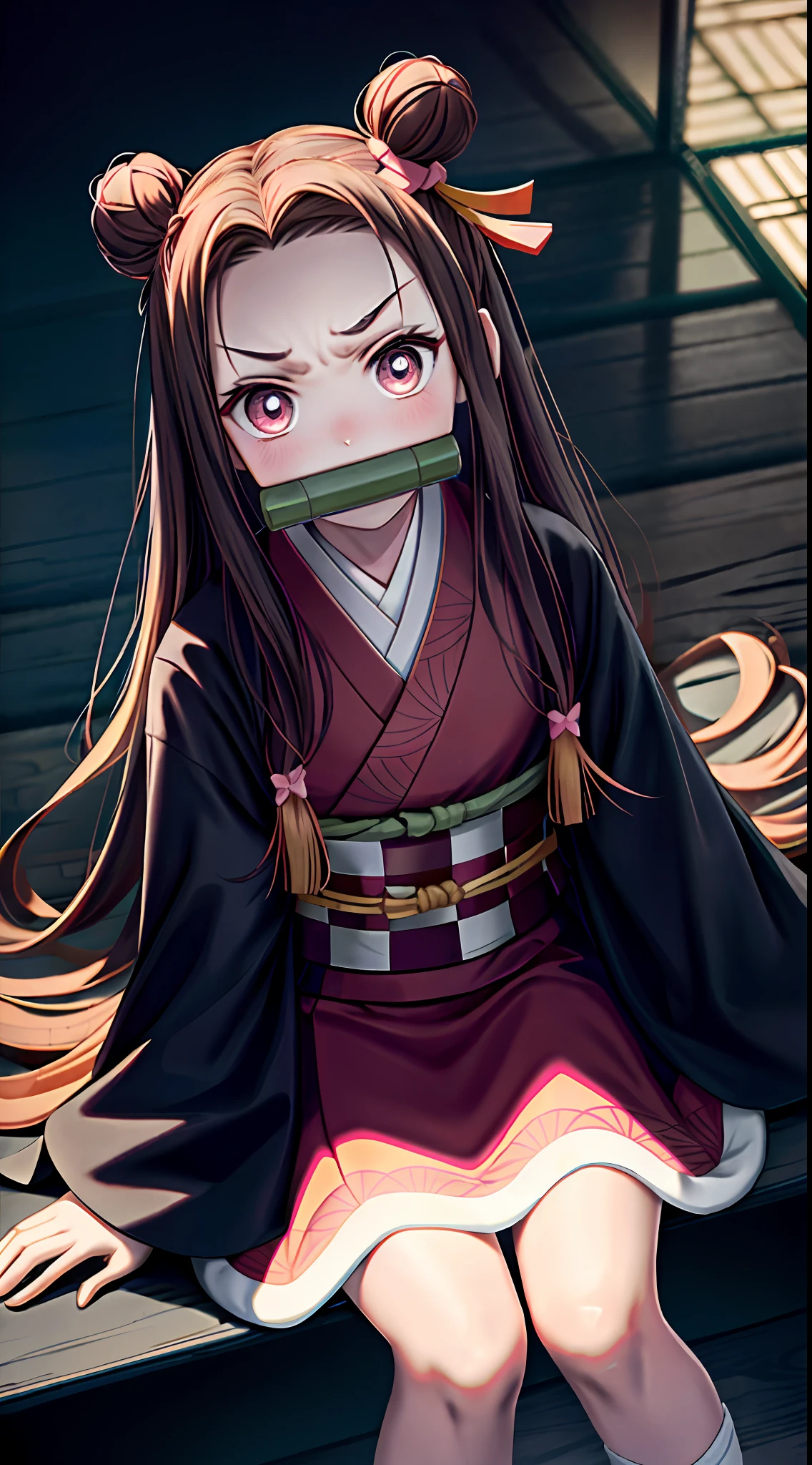 Masterpiece, Best Quality, High Resolution, venus1, 1girl, solo, Tsuko Kamato, Bamboo, bit gag, brown hair, checkered belt, gag, gradient hair, hair ribbon, haori, japanese clothes, kimono, long hair, looking at the audience, colorful hair, orange hair, pink eyes, pink kimono, pink ribbon, ribbon, solo, upper body, (((masterpiece)), frontal, sitting, cute, puffed cheeks, angry, wide eyes