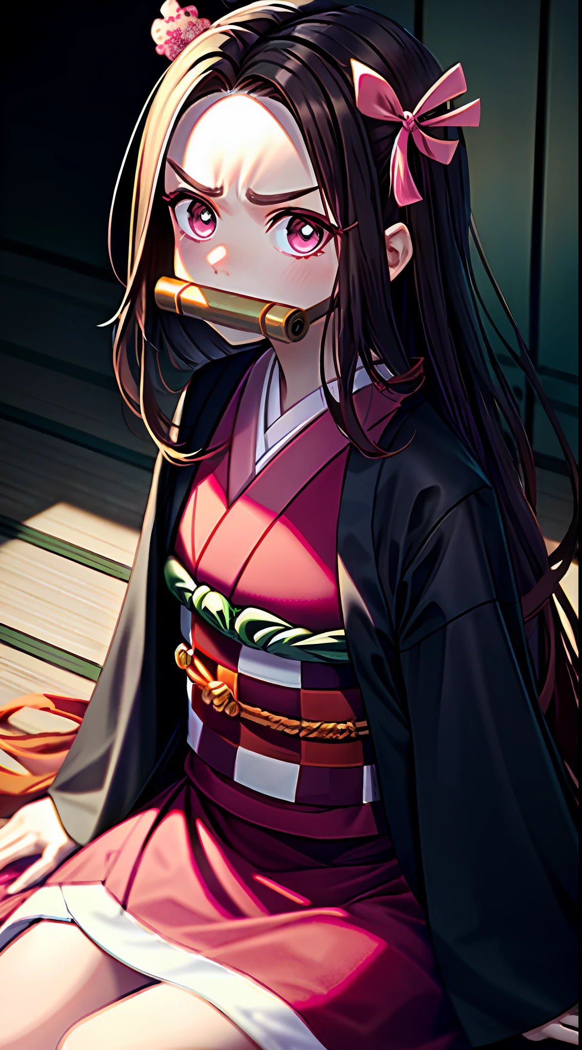 Masterpiece, Best Quality, High Resolution, venus1, 1girl, solo, Tsuko Kamato, Bamboo, bit gag, brown hair, checkered belt, gag, gradient hair, hair ribbon, haori, japanese clothes, kimono, long hair, looking at the audience, colorful hair, orange hair, pink eyes, pink kimono, pink ribbon, ribbon, solo, upper body, (((masterpiece)), frontal, sitting, cute, puffed cheeks, angry, wide eyes
