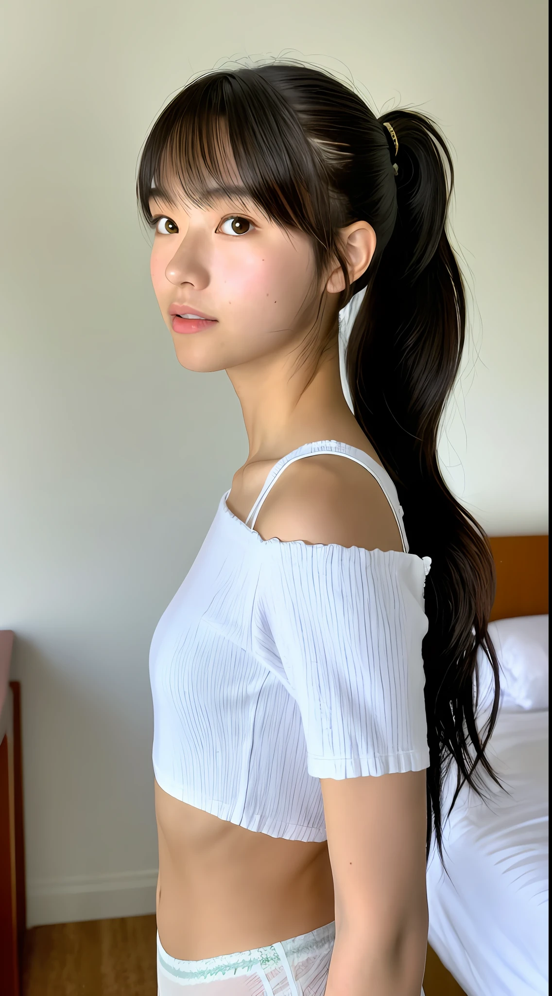 Realistic photos of (1 cute star) shoulder length hair, ponytail, light makeup, bangs, (small), clear facial features, 8K high resolution, sharp and realistic details, full body, fair skin, (white skin) in my room, changing (underwear), changing clothes, f/4.0, 135mm, fujifilm, jpeg artifact, dithering, uhd, masterpiece, blur, schoolgirl, underwear, white
