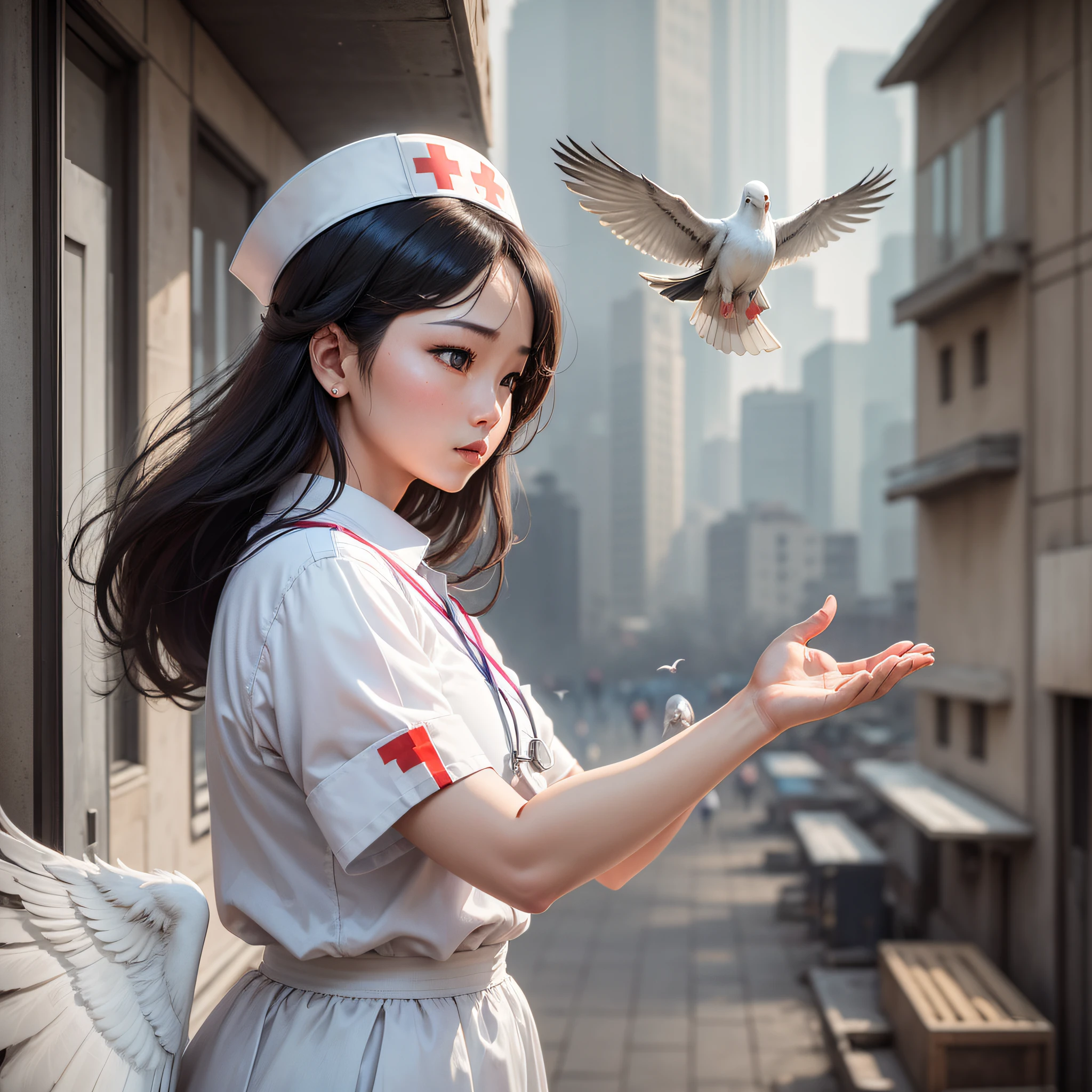 In the 1980s in China, the image of a female nurse is shown in profile, wearing white clothes, and raising her hands high to release pigeons. look into the distance --auto --s2