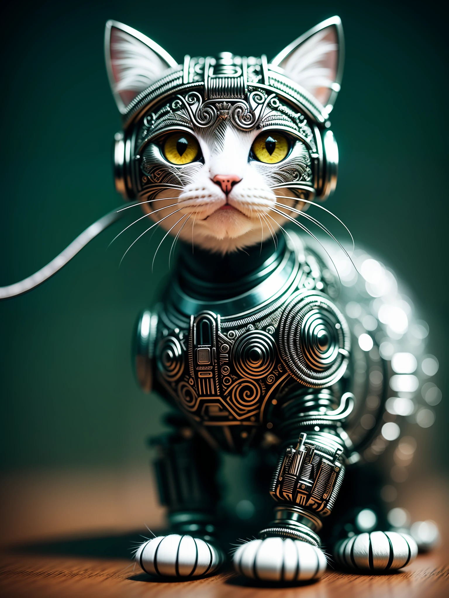 a cute kitten made out of metal, (cyborg:1.1), ([tail | detailed wire]:1.3), (intricate details), hdr, (intricate details, hyperdetailed:1.2), cinematic shot, vignette, centered