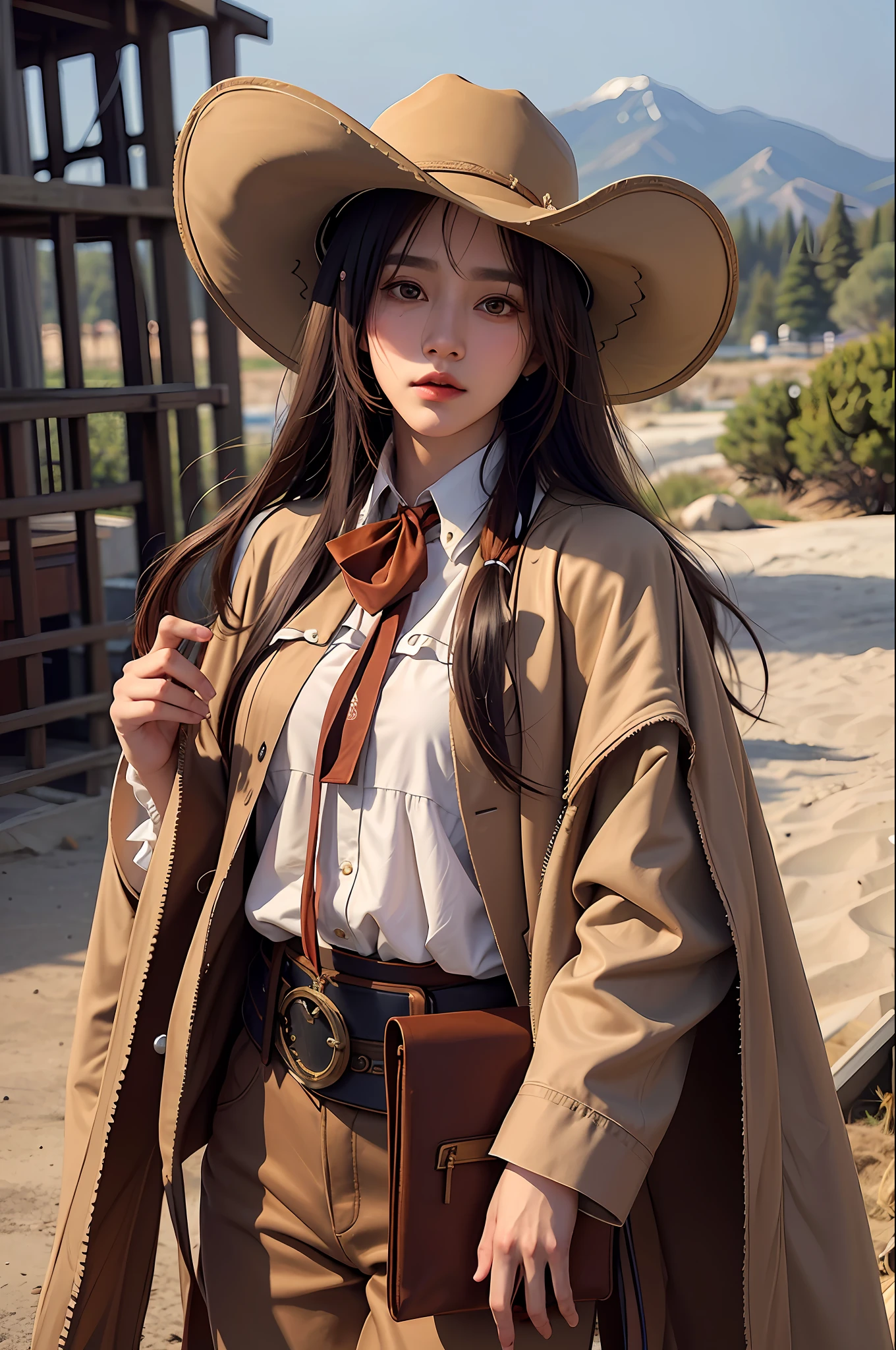 Long Coat, Gunman, Wilderness, Western Cowboy Style, Photo, Photography, Best Quality, Realistic, Photorealistic, Intricate Detail, (Delicate Details), (Intricate Details), Cinematic Light, Best Quality Backlight, Clear Line, 8K, Ultra High Definition, ulzzang-6500-v1.1